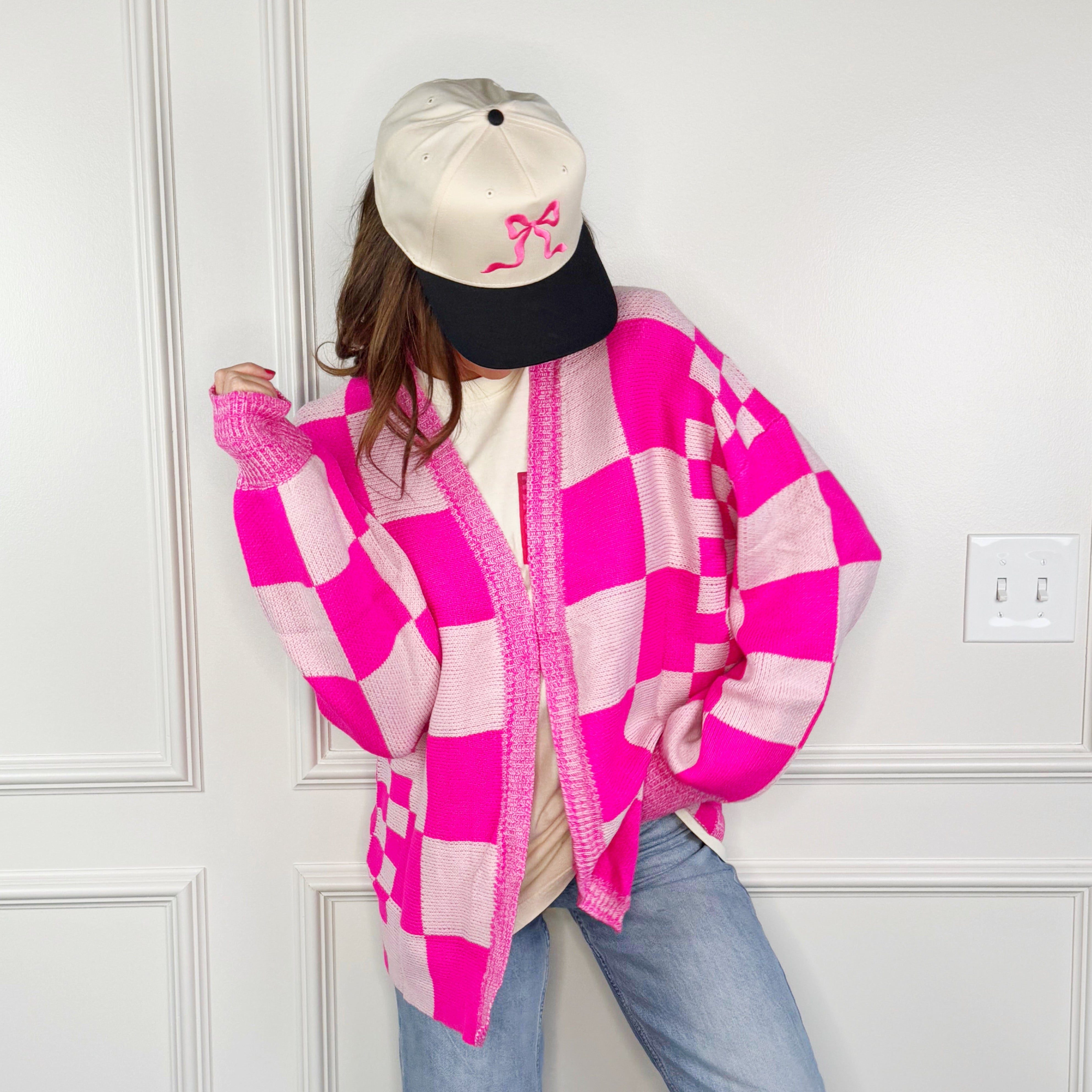 Oversized Hot Pink/Blush Checker Cardigan