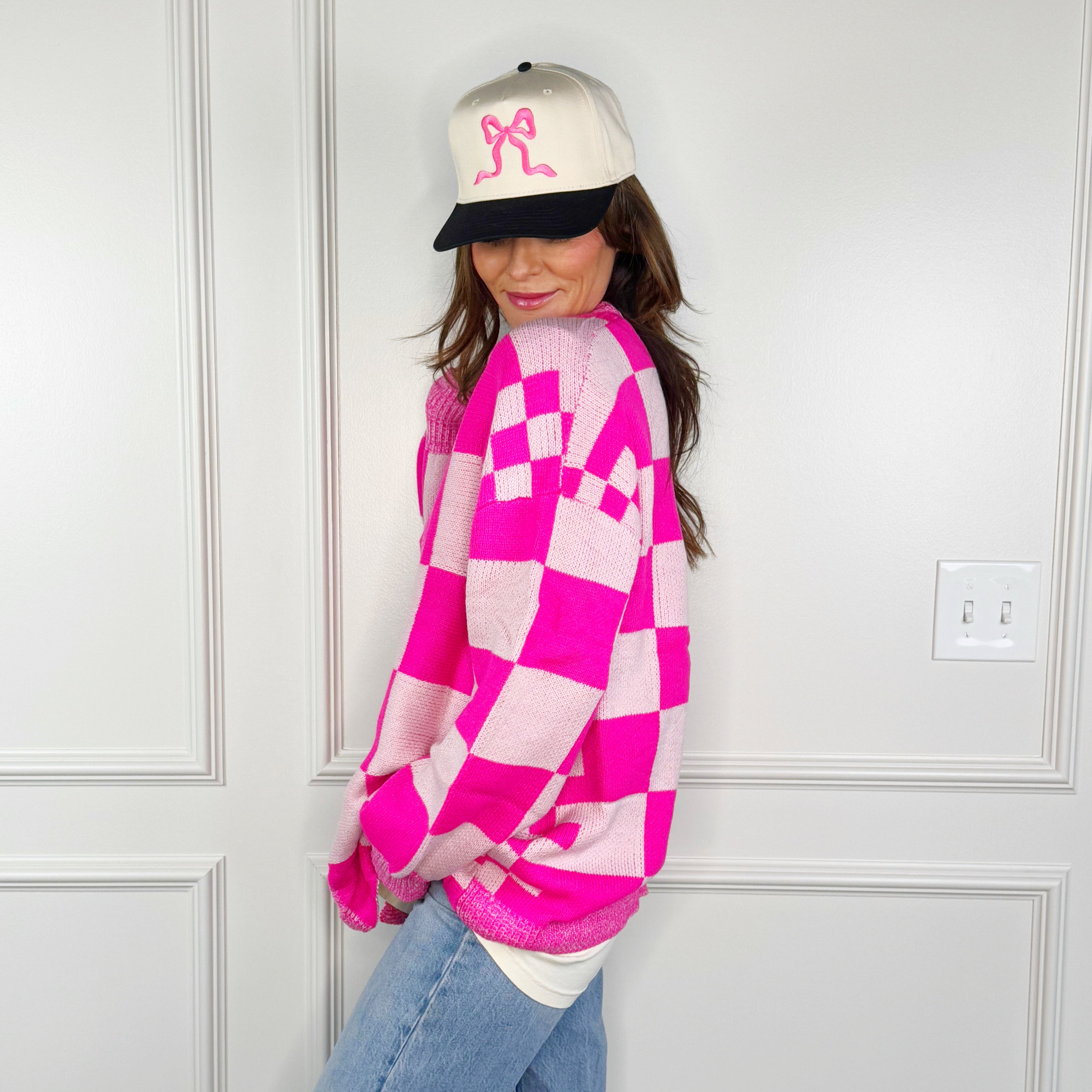 Oversized Hot Pink/Blush Checker Cardigan