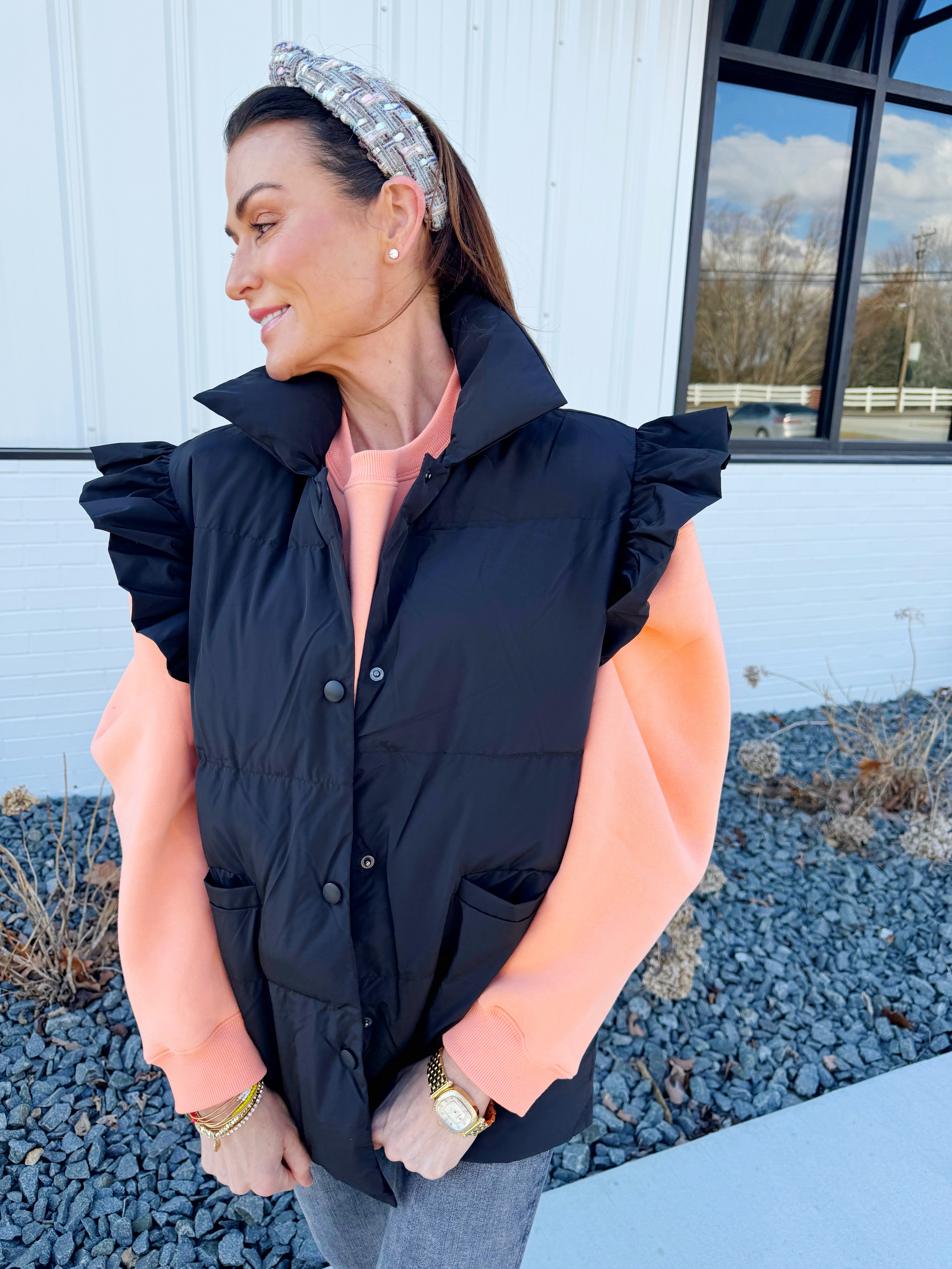 Ruffled Black Puffer Vest