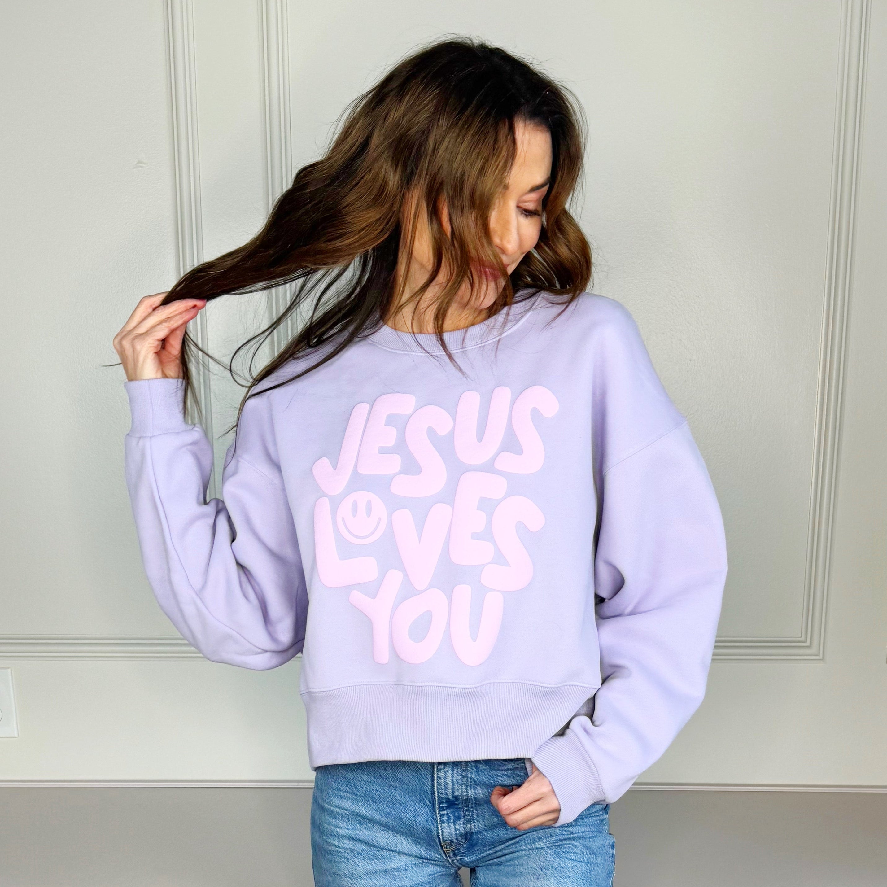 Smiley Jesus Loves You Puff Purple Crop Sweatshirt