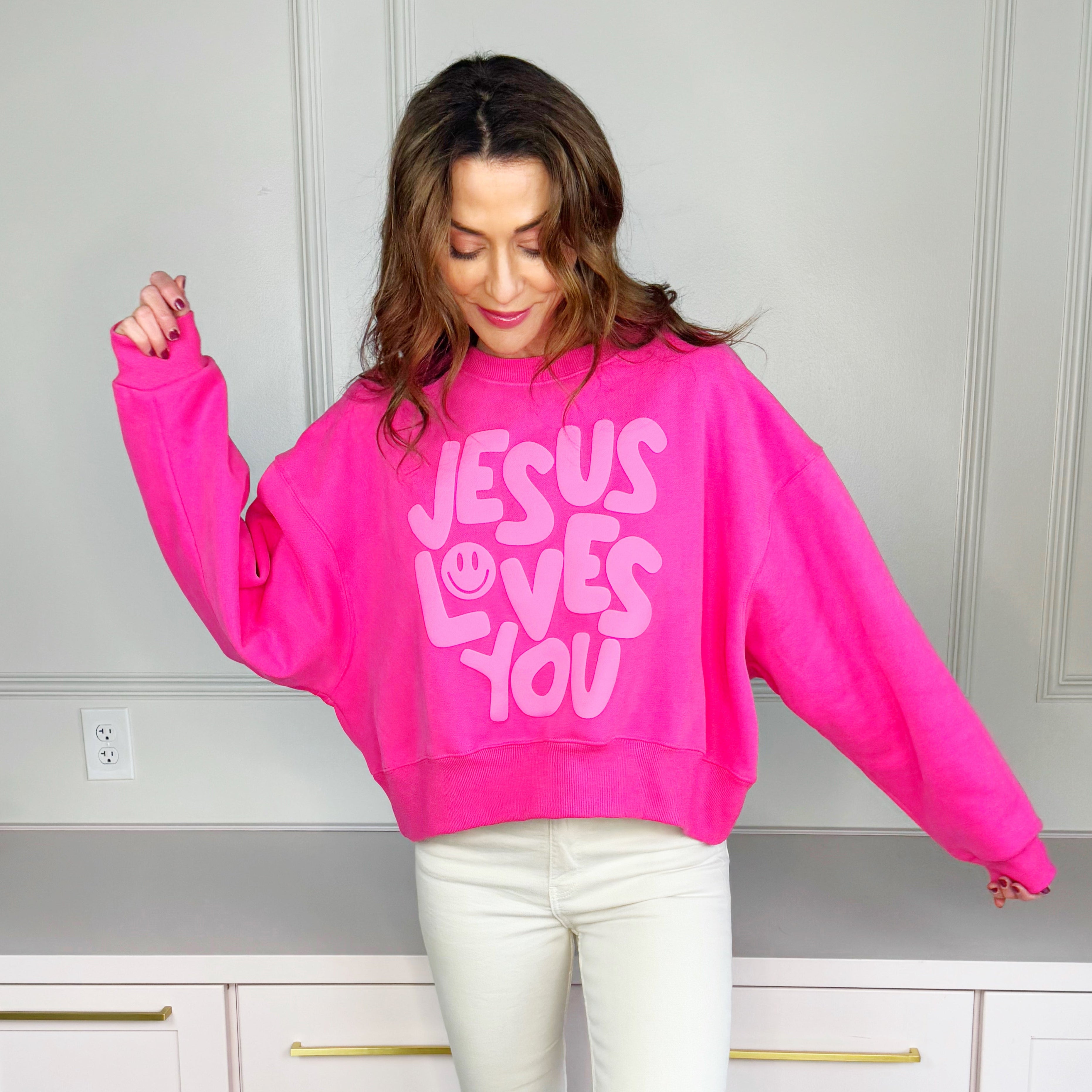 Smiley Jesus Loves You Puff Pink Crop Sweatshirt