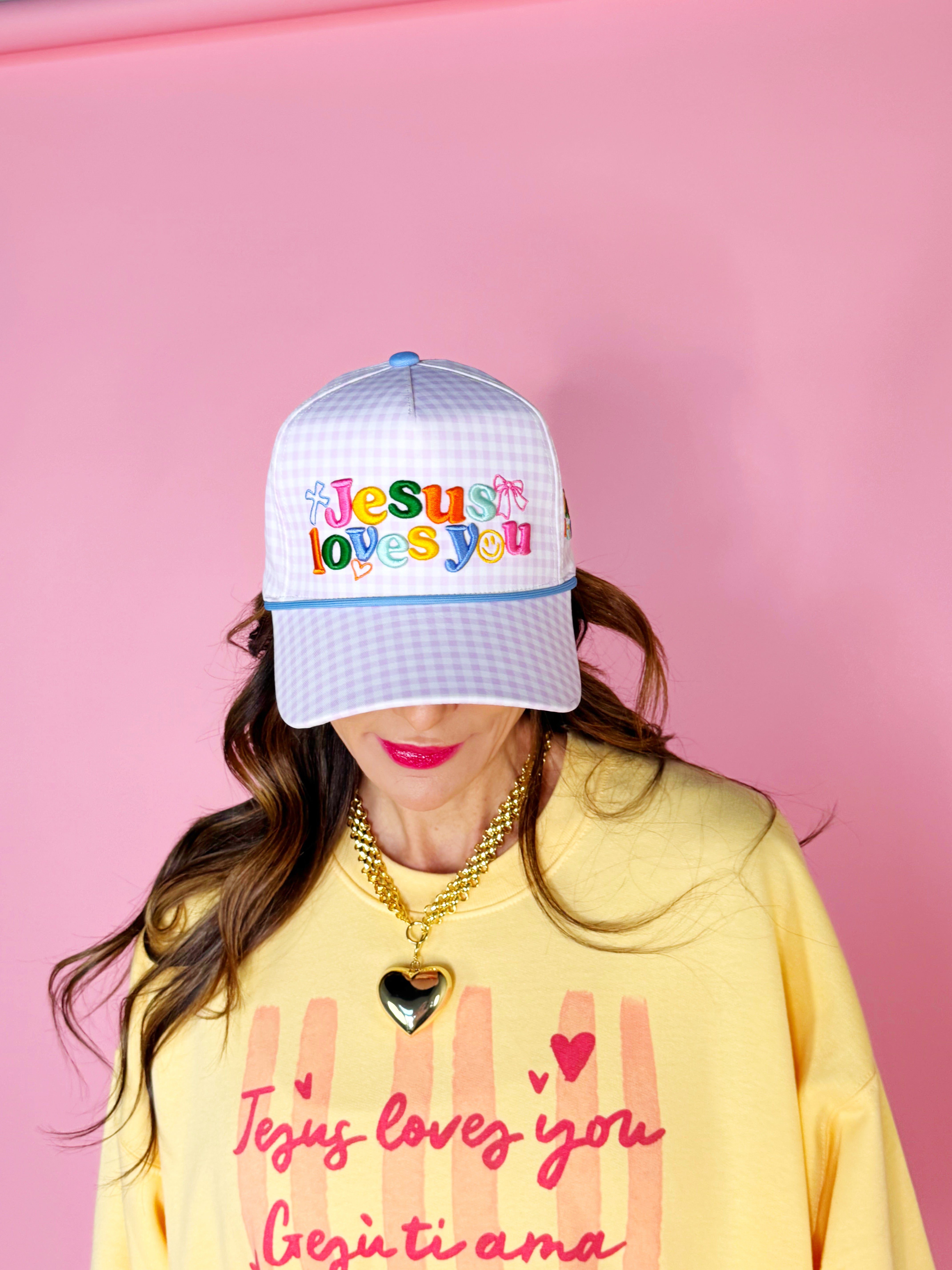 Purple Checker Jesus Loves You Hat