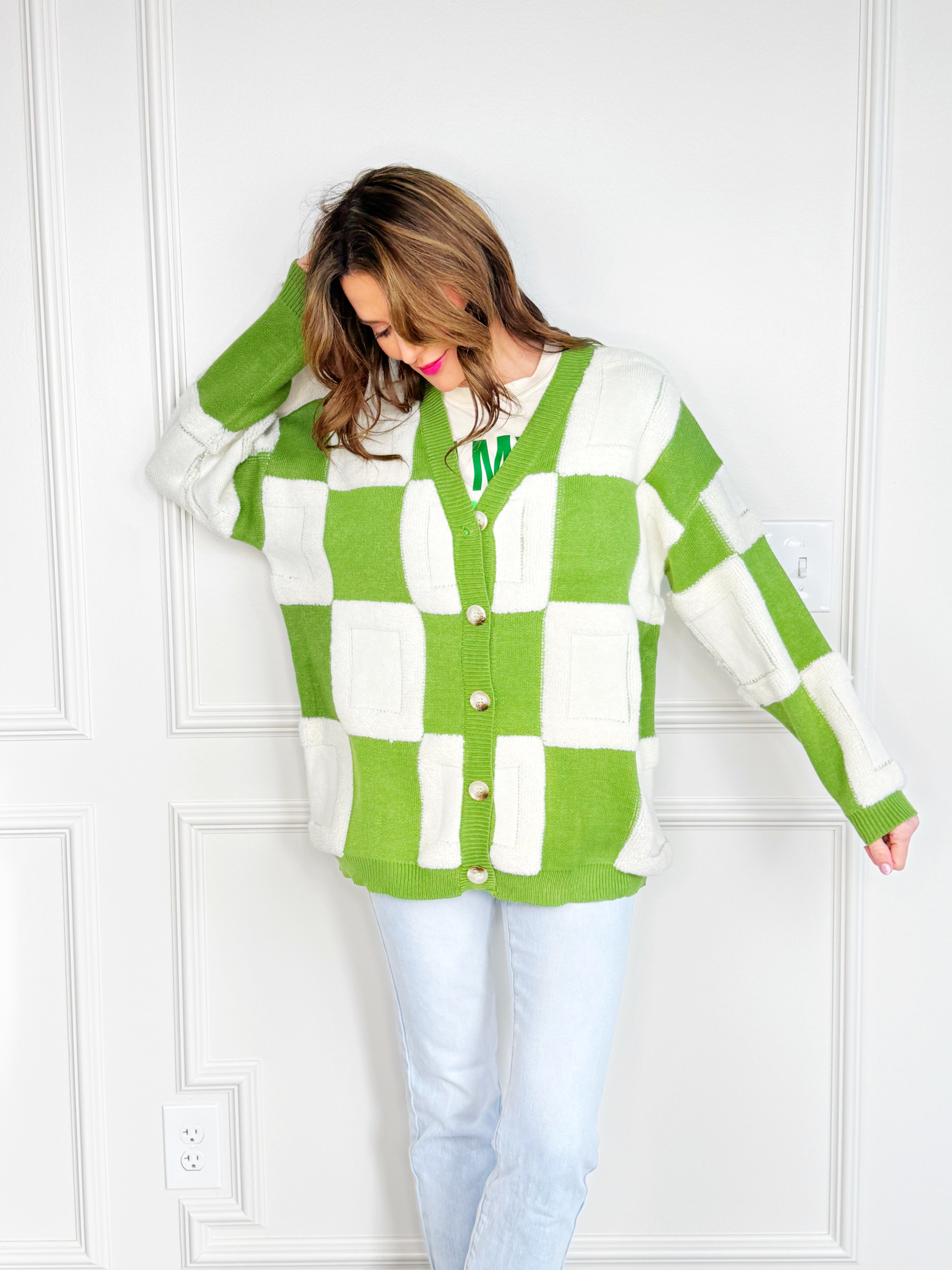 Green and Cream Large Checker Cardigan