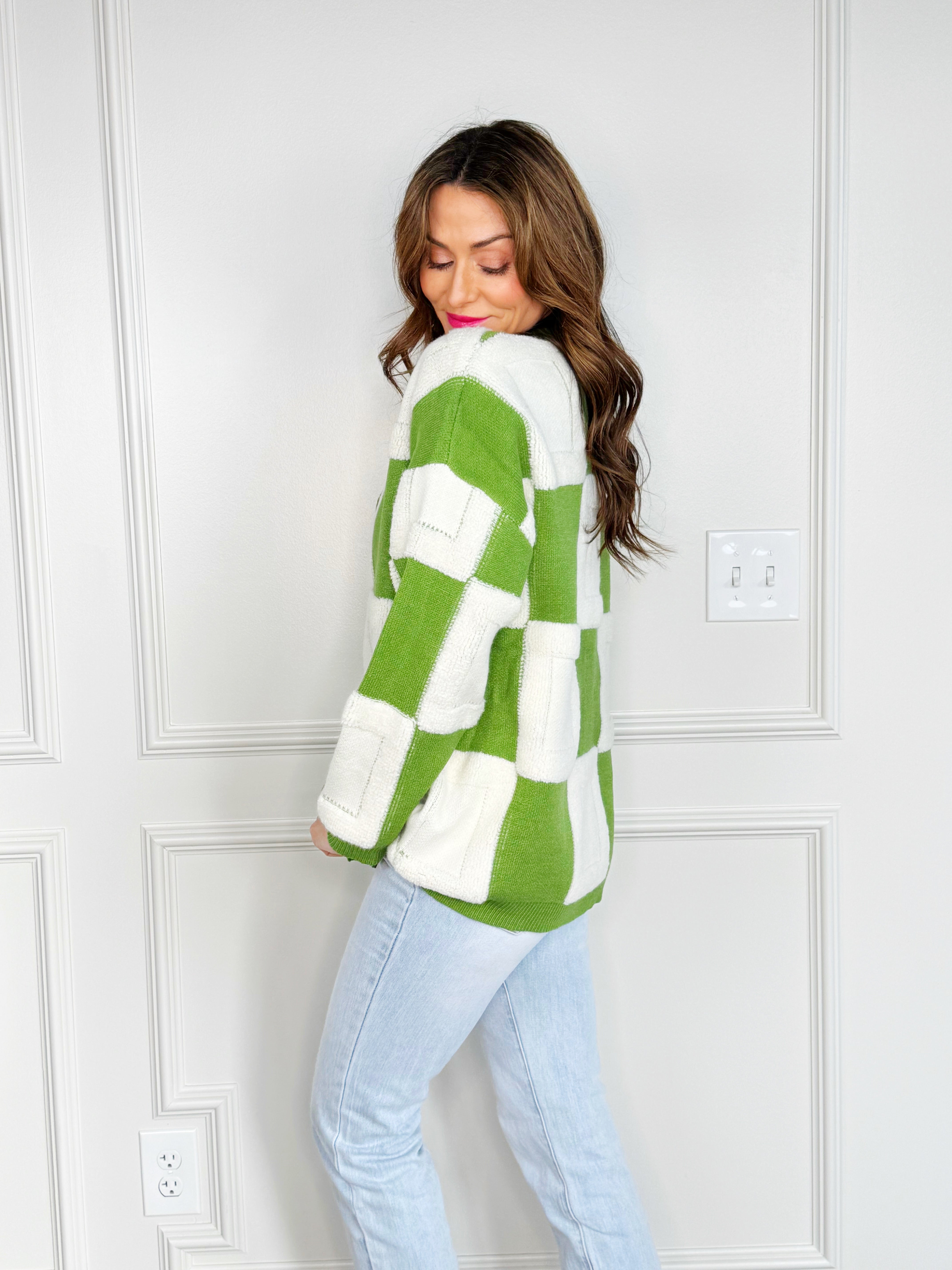 Green and Cream Large Checker Cardigan