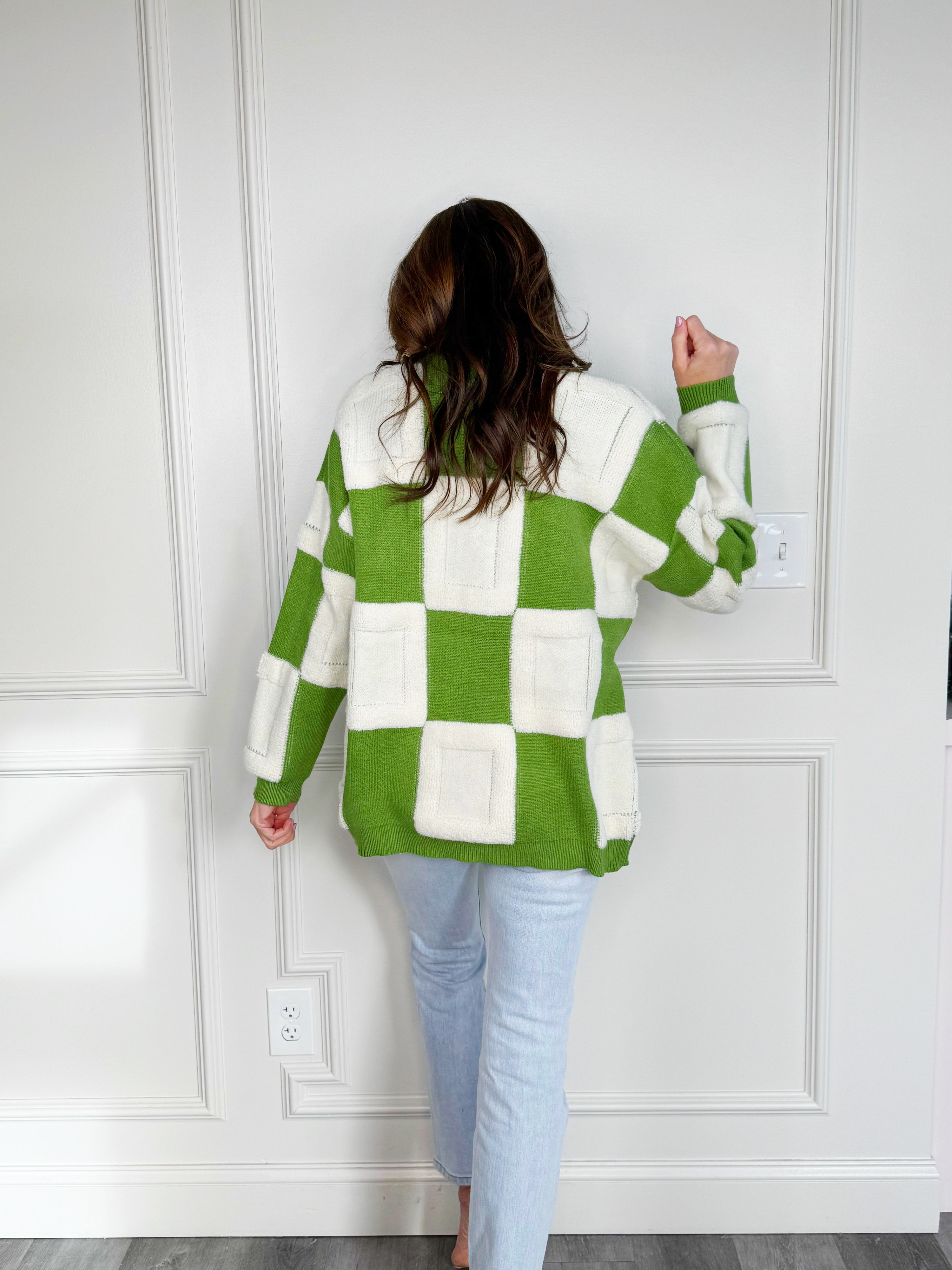 Green and Cream Large Checker Cardigan