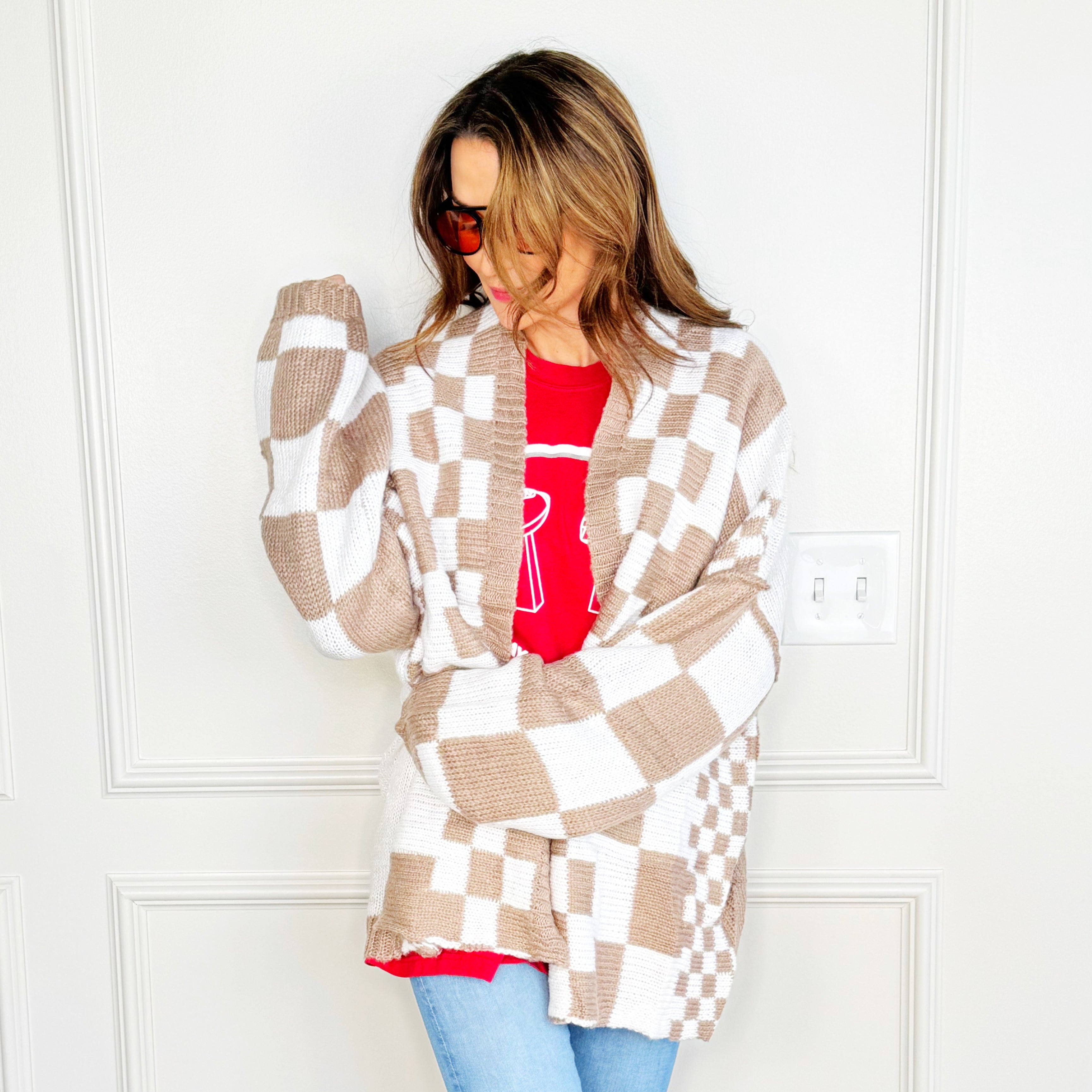 Oversized Mocha Checker Cardigan