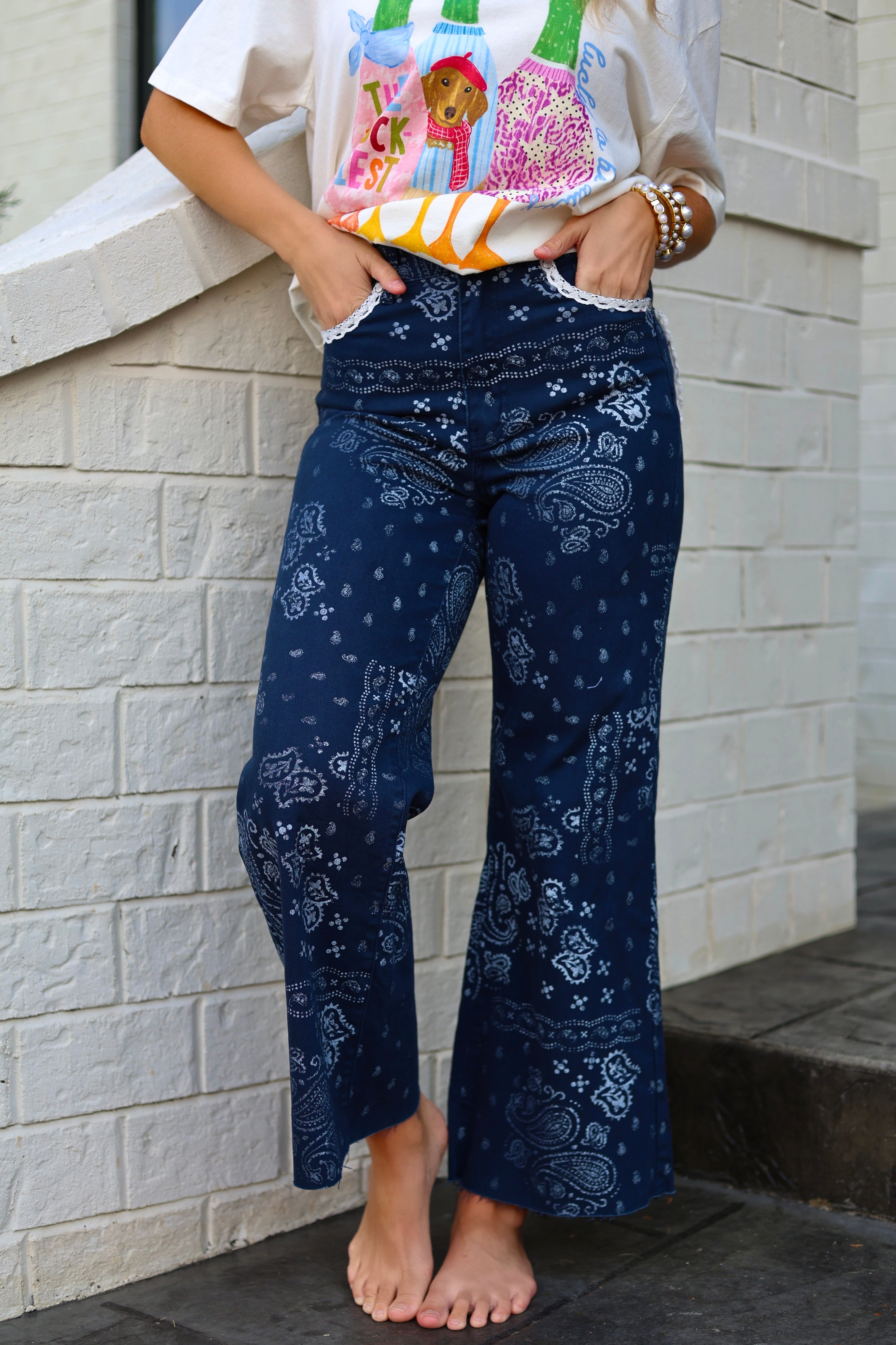 Navy Bandana Frey Hem Denim - PRE-SALE - Ships 9/1*