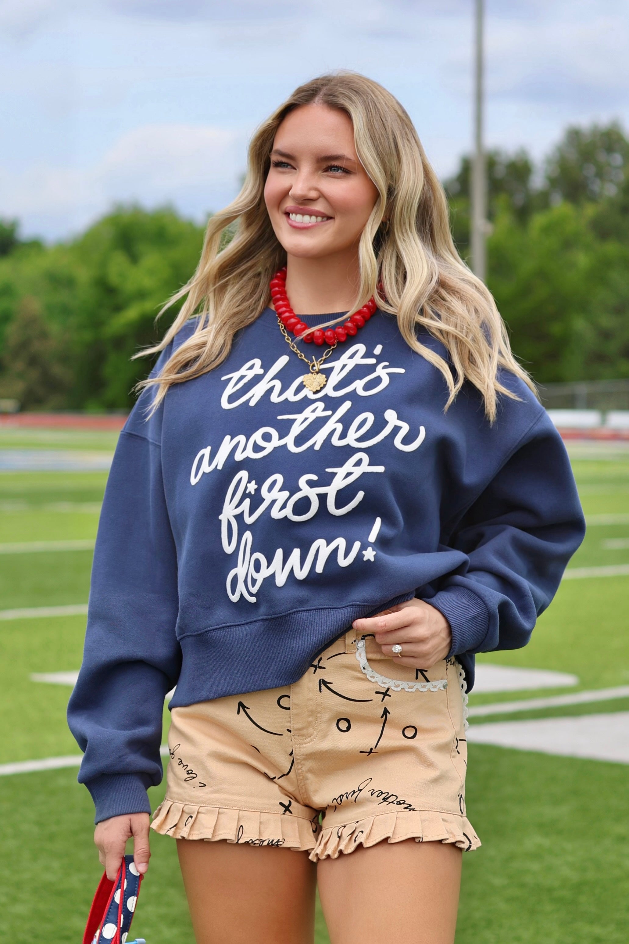 That's Another First Down Puff Blue Crop Sweatshirt