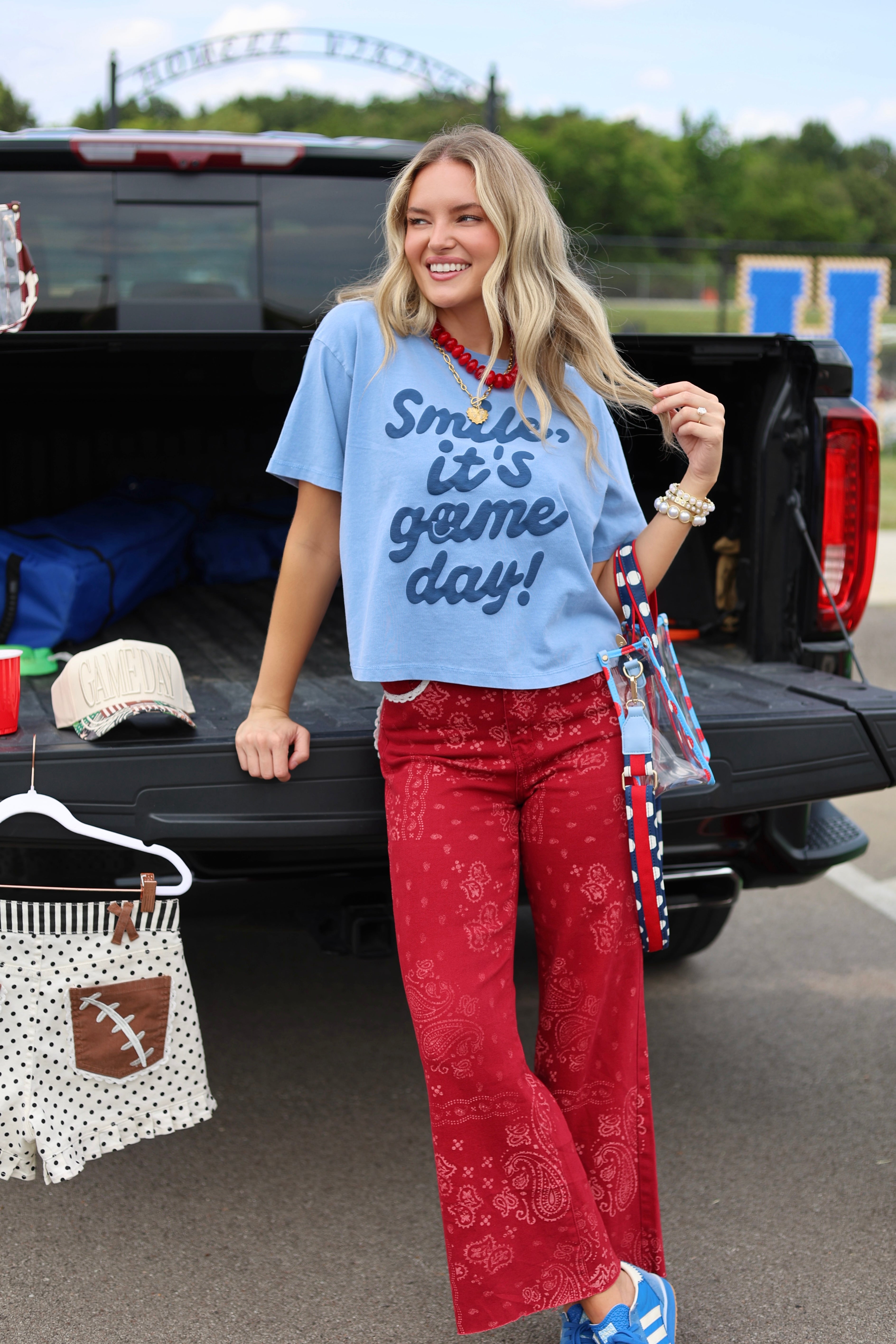 Smile, It's Game Day Blue Crop Tee