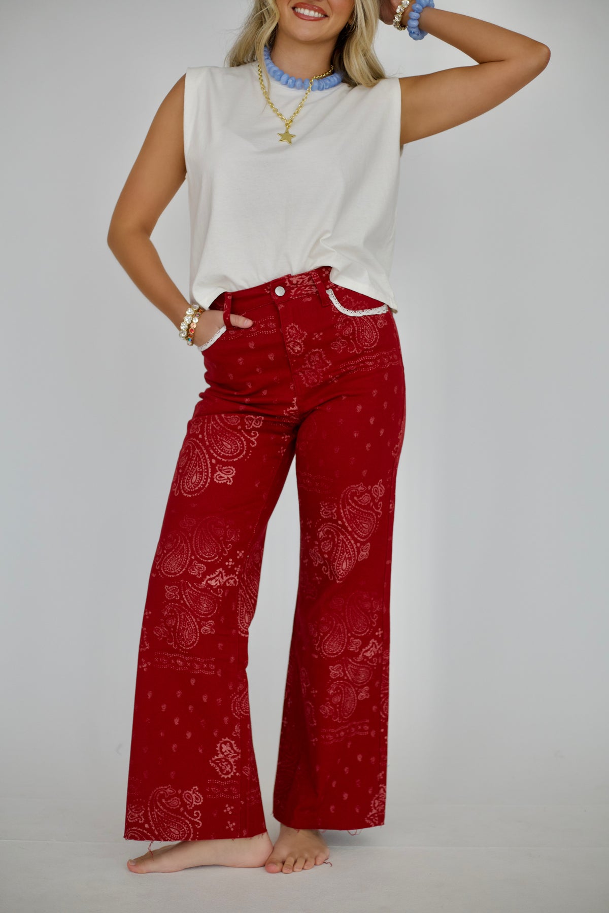 Red Bandana Frey Hem Denim - PRE-SALE - Ships 9/15*