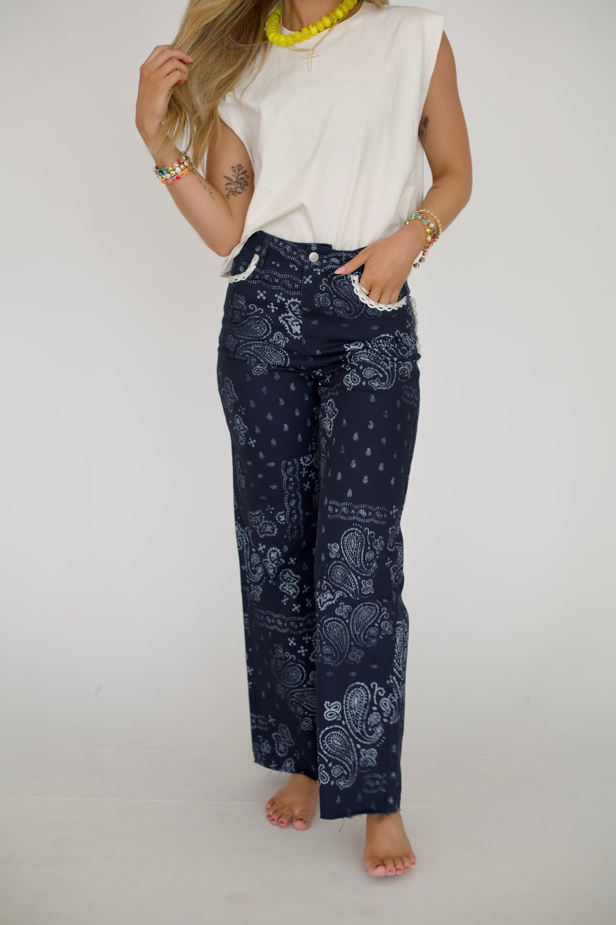 Navy Bandana Frey Hem Denim - PRE-SALE - Ships 9/15*