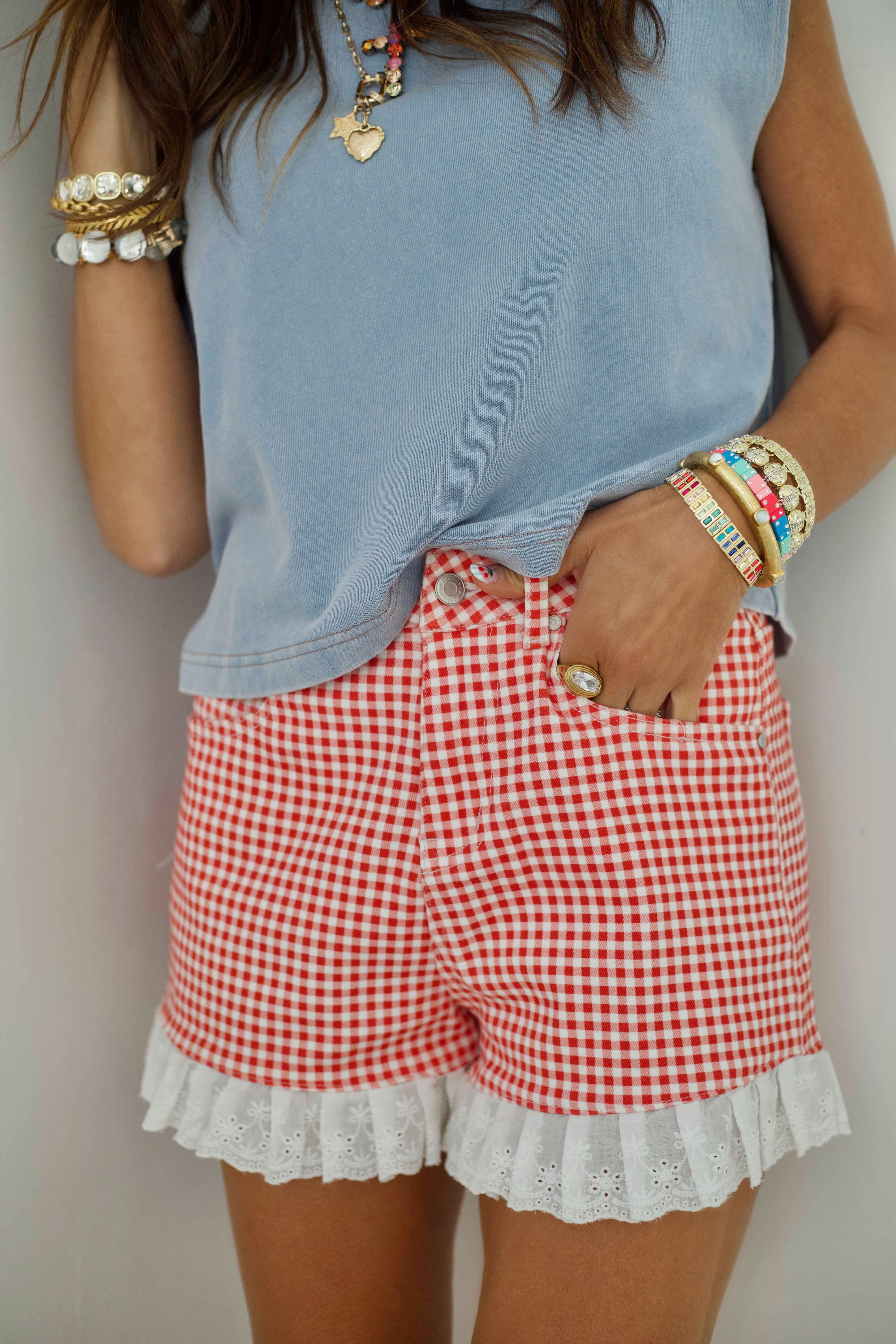 Red Gingham Denim Ruffle Short - Pre Order
