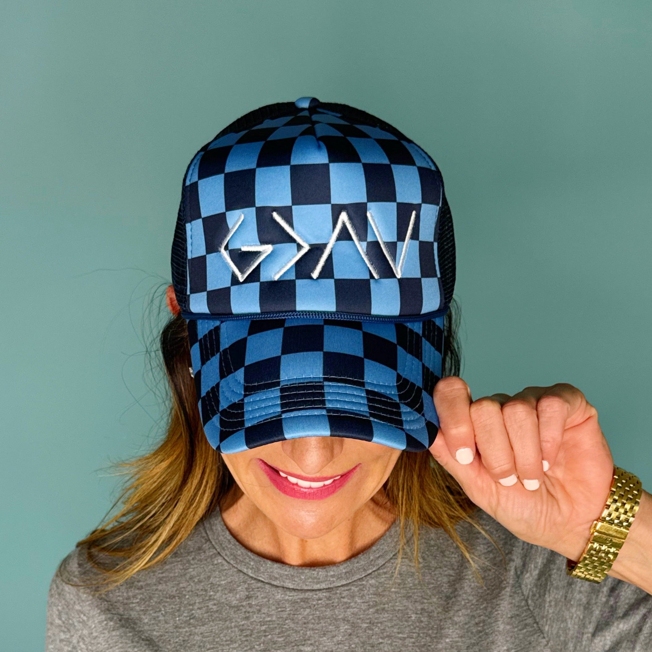 God is Greater Than Highs and Lows Checkered Trucker Hat