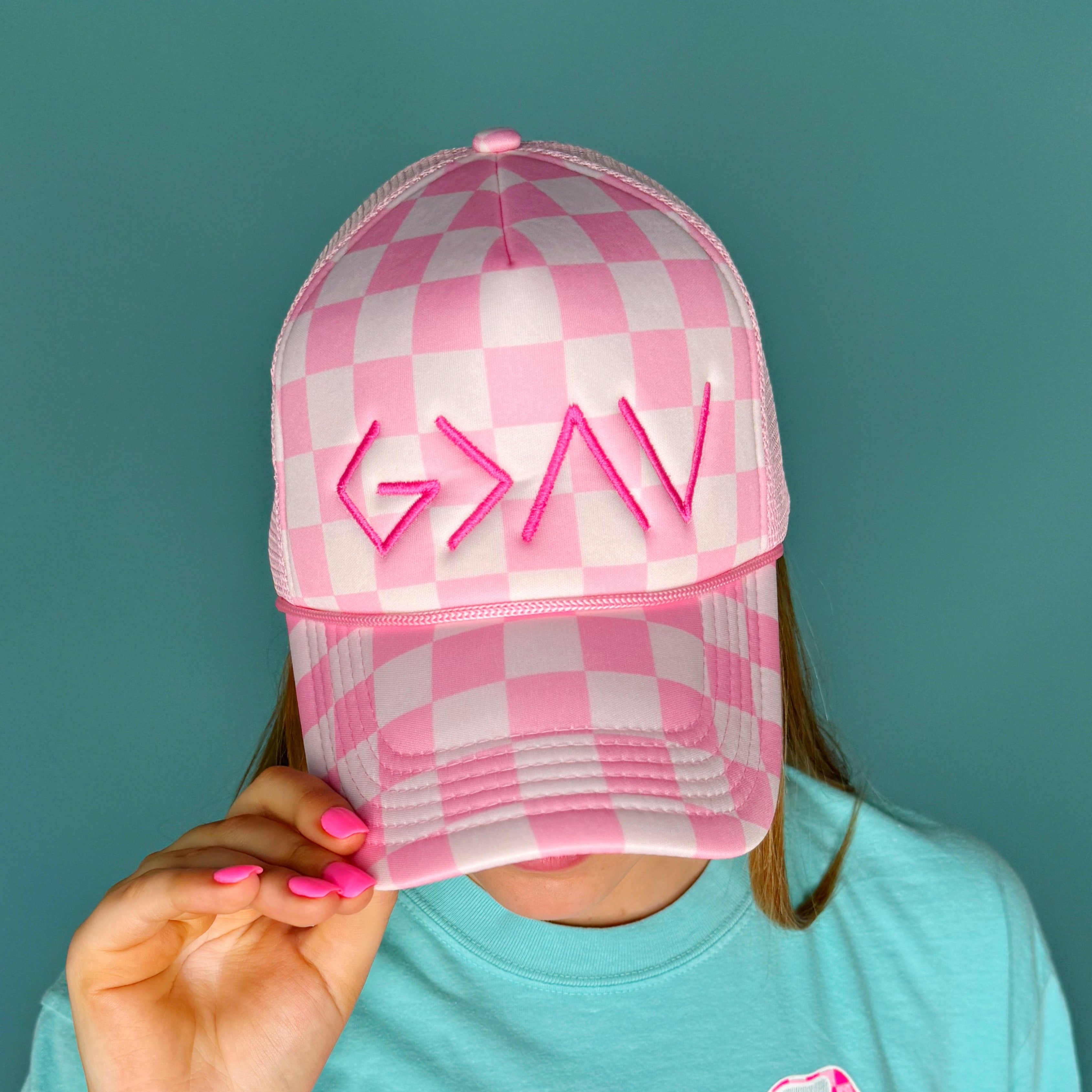 God is Greater Than Highs and Lows Checkered Trucker Hat