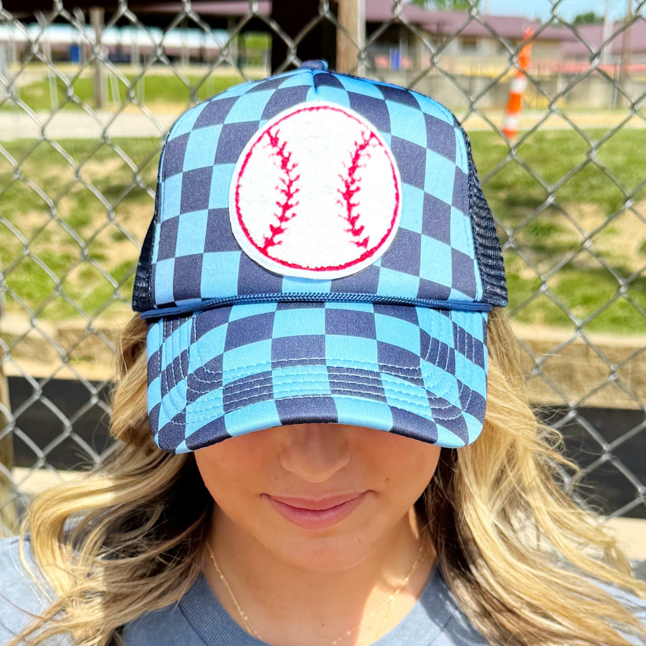 Checkered Baseball Patch Trucker Hat