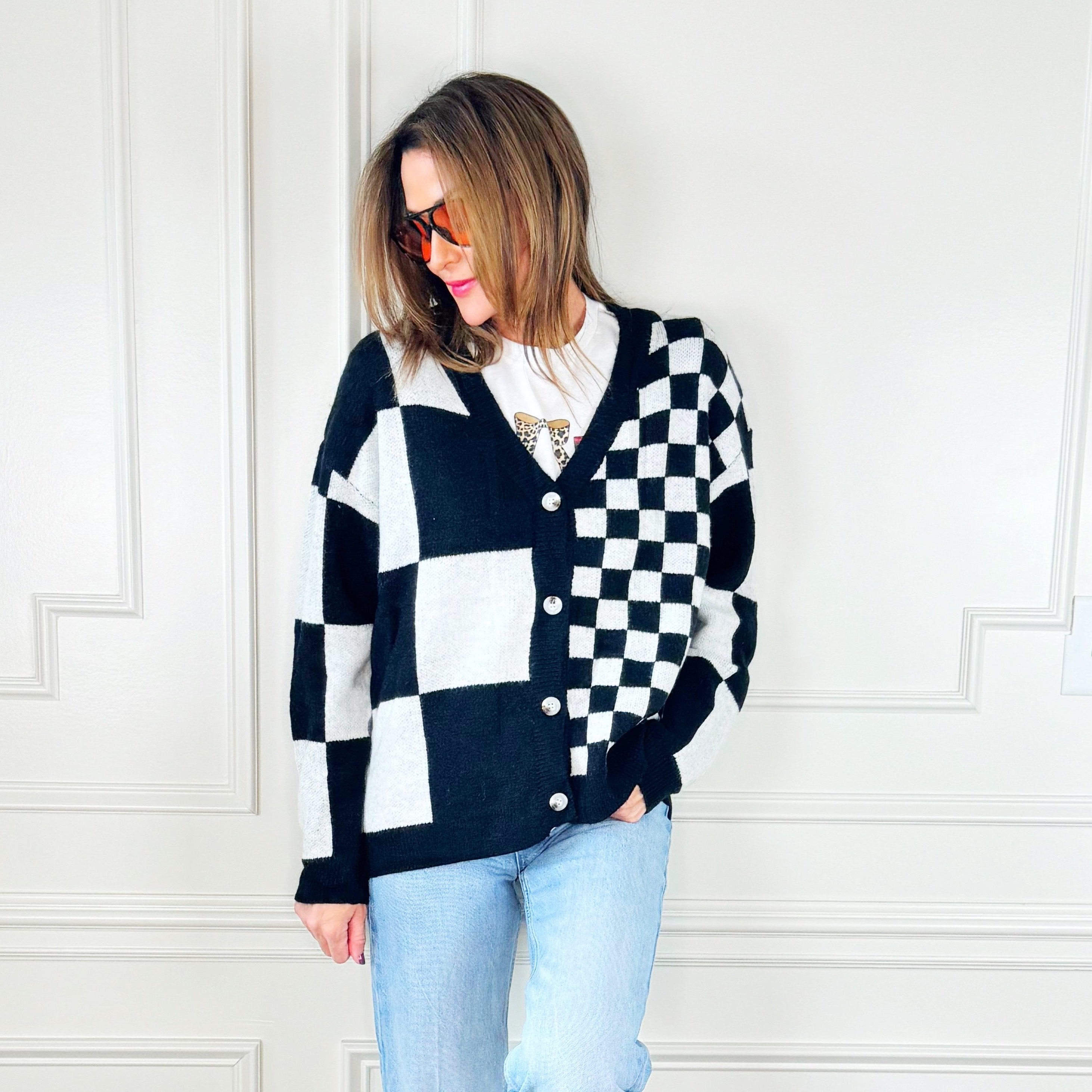 Soft Black Big & Small Checker Cardigan