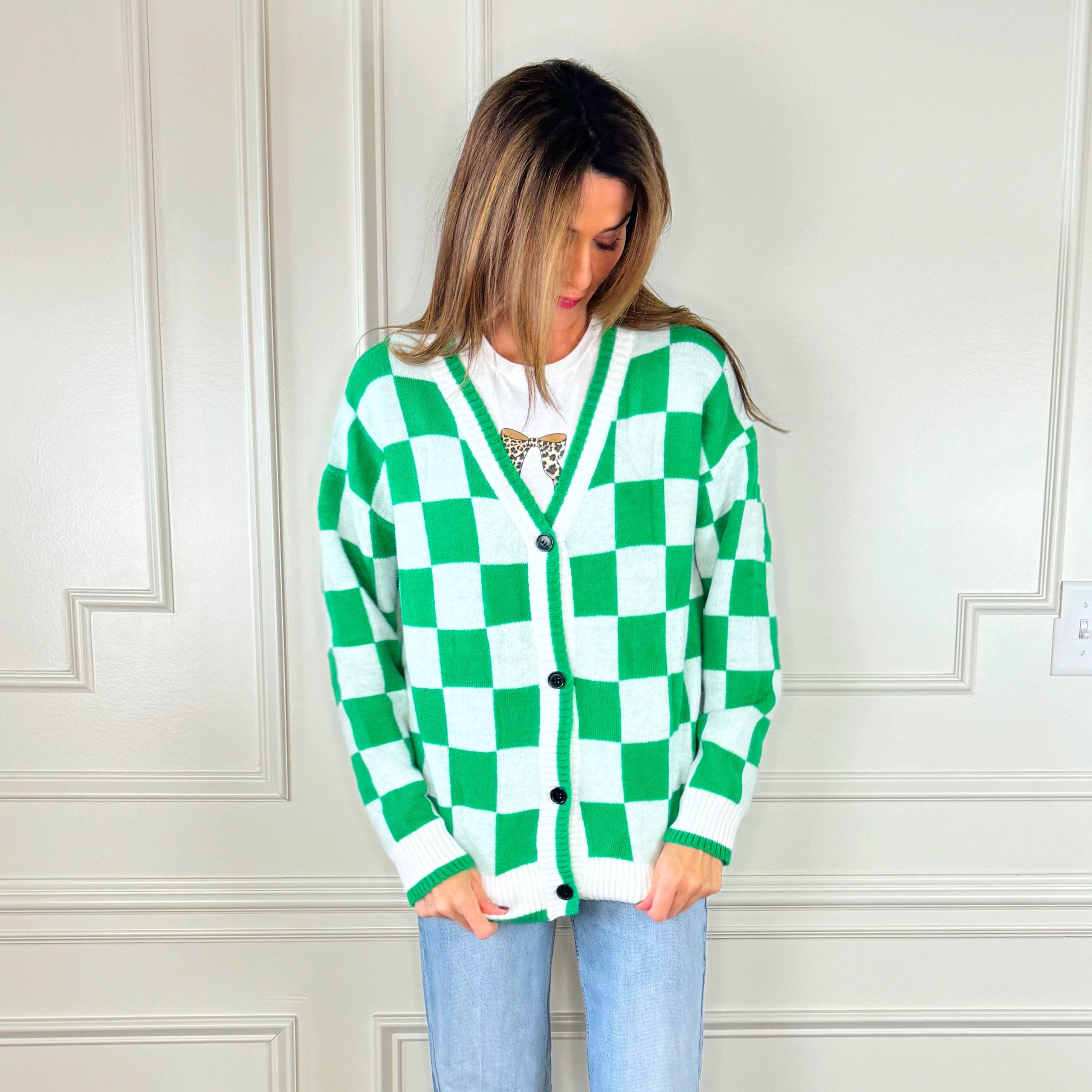 Soft Green Checker Cardigan