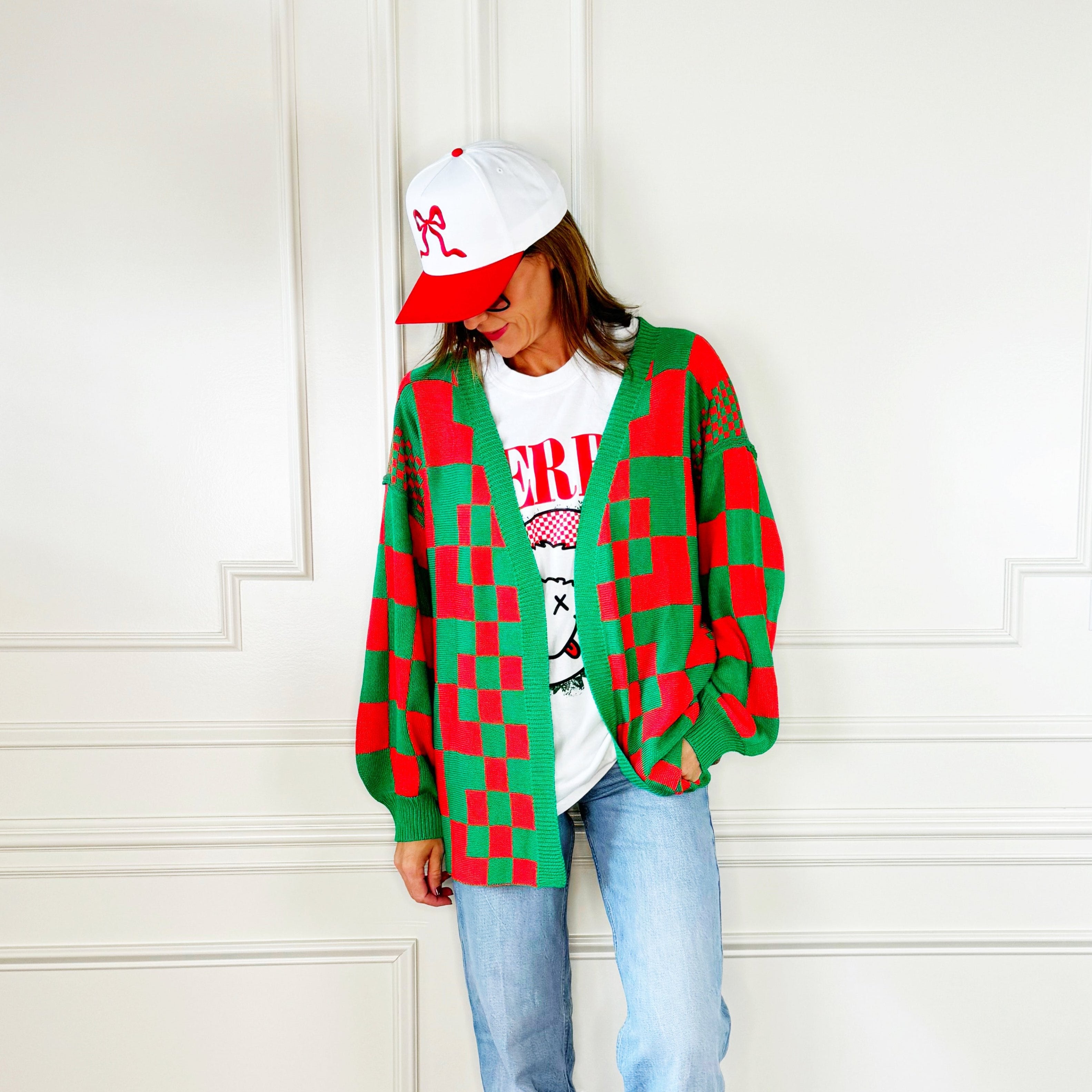 Oversized Red & Green Checker Cardigan