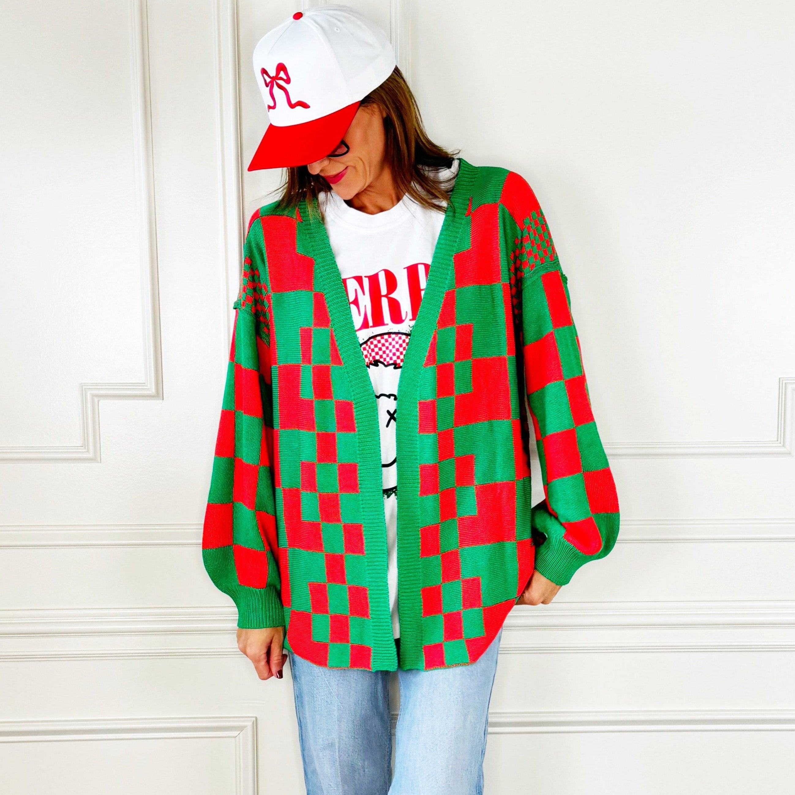 Oversized Red & Green Checker Cardigan