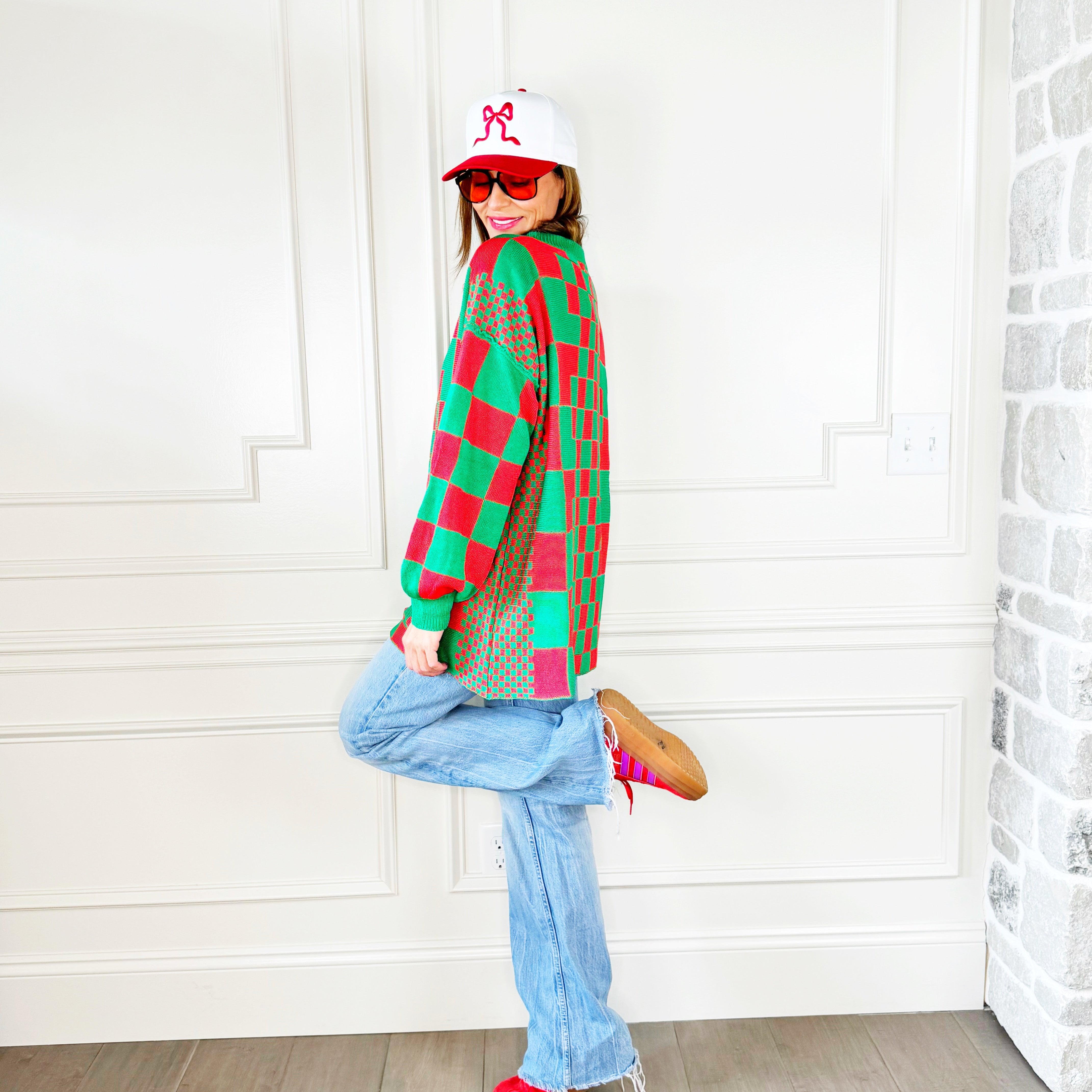 Oversized Red & Green Checker Cardigan