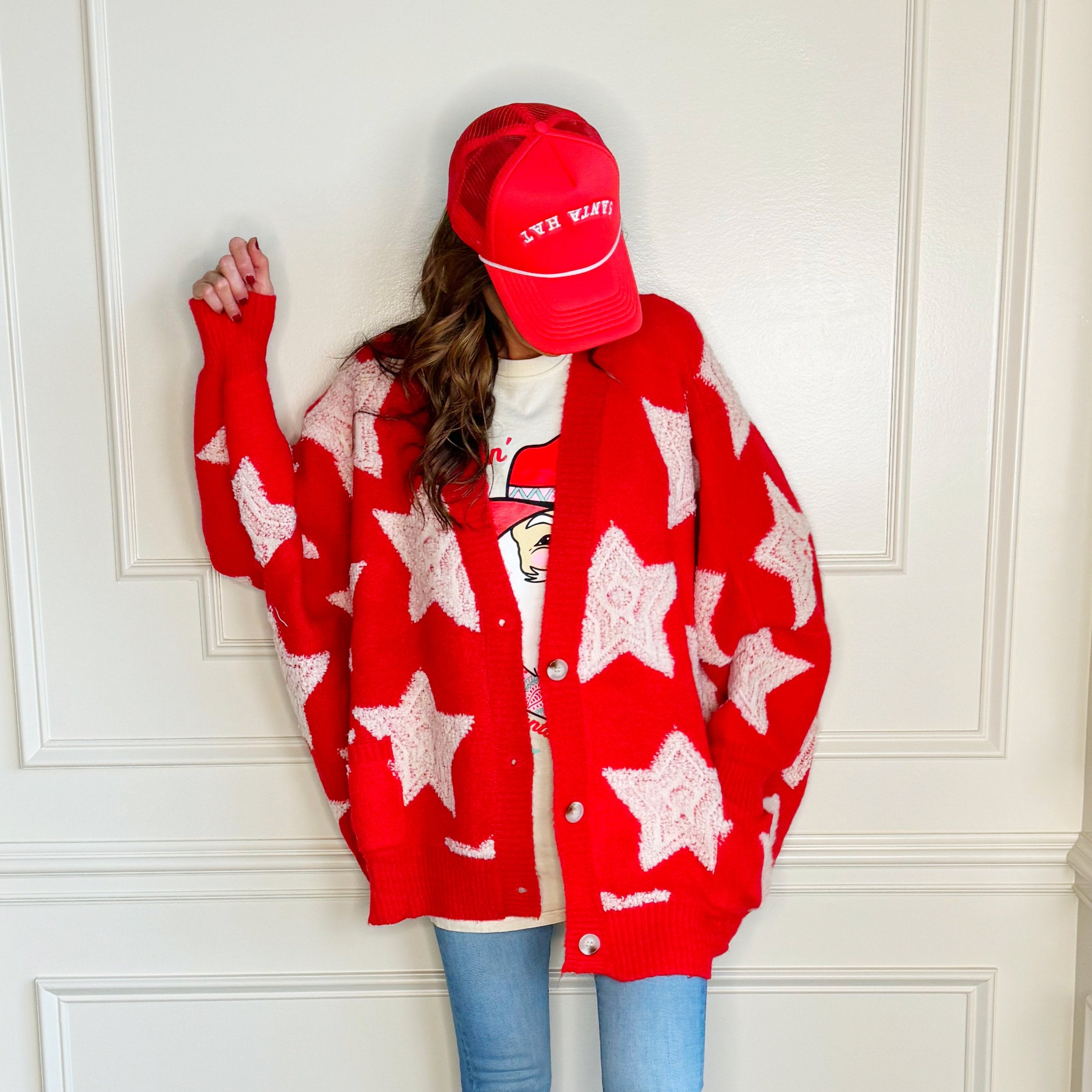 LOONFUNG Star Embroidered Knit Botton Up Red offers Cardigan