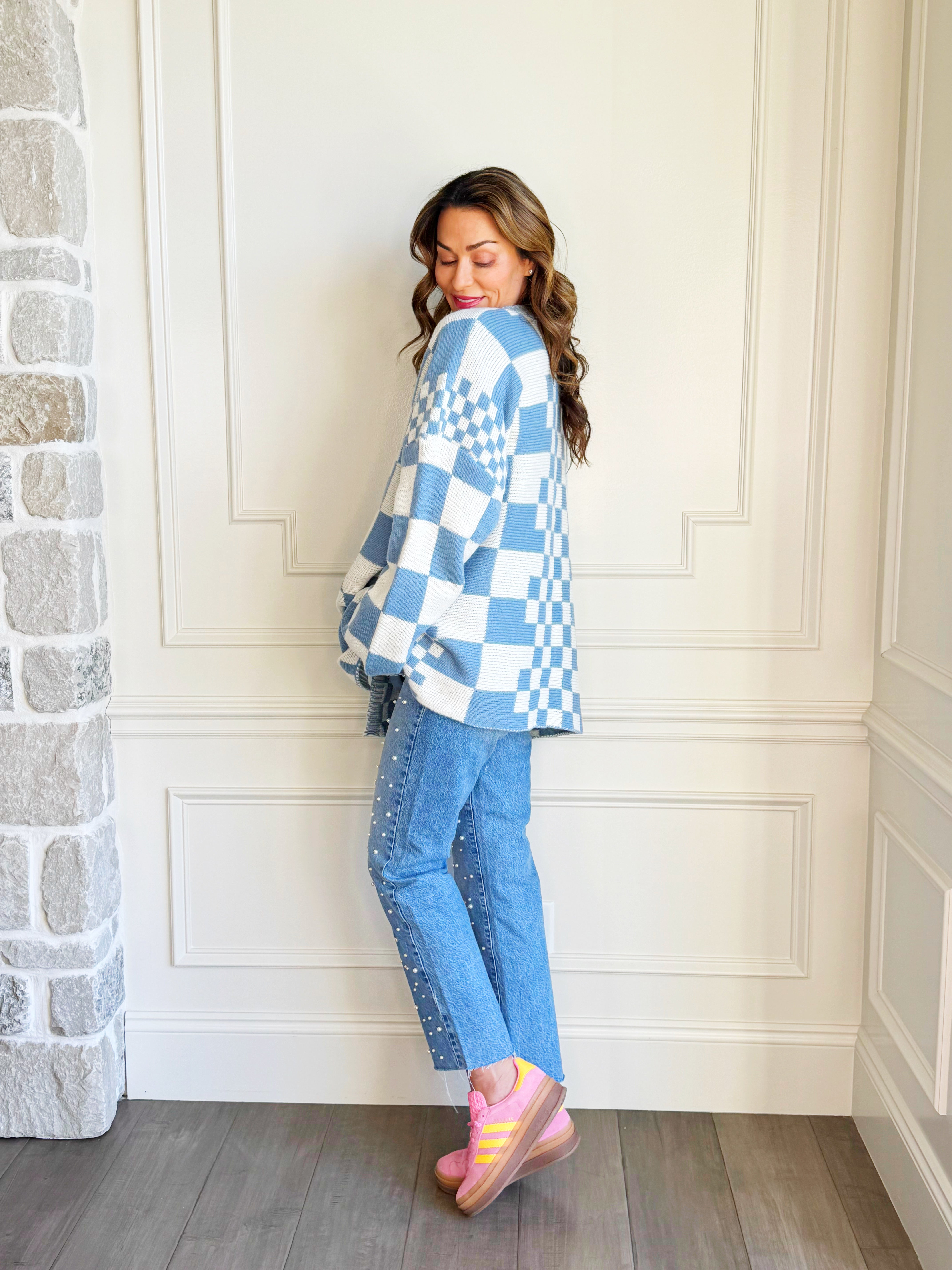 Oversized Blue Checkered Cardigan