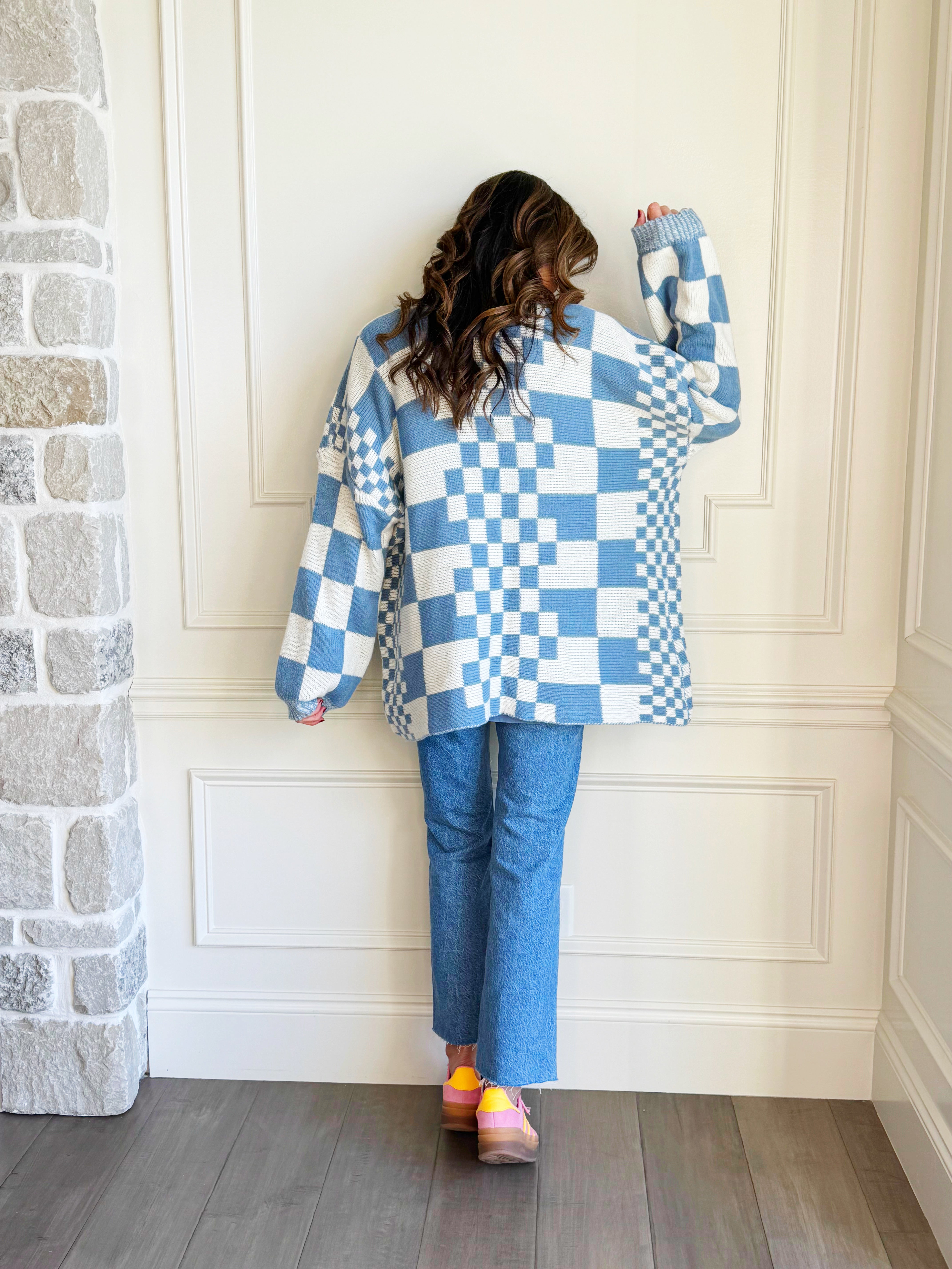 Oversized Blue Checkered Cardigan