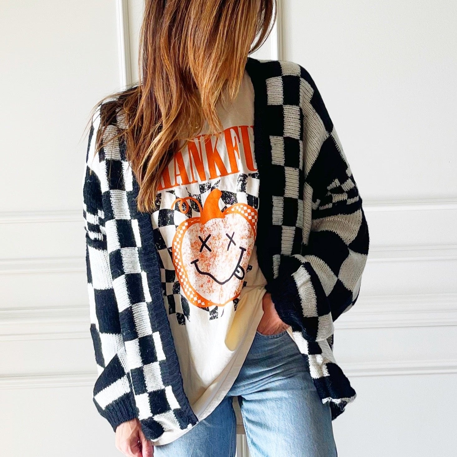 Oversized Black Checkered Cardigan