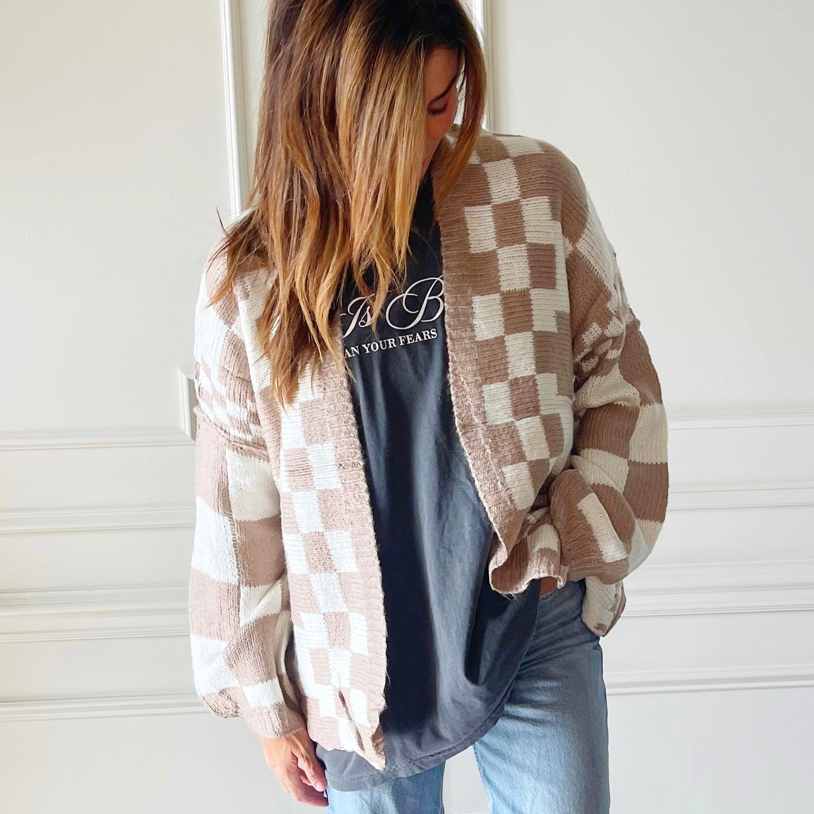 Oversized Mocha Checkered Cardigan