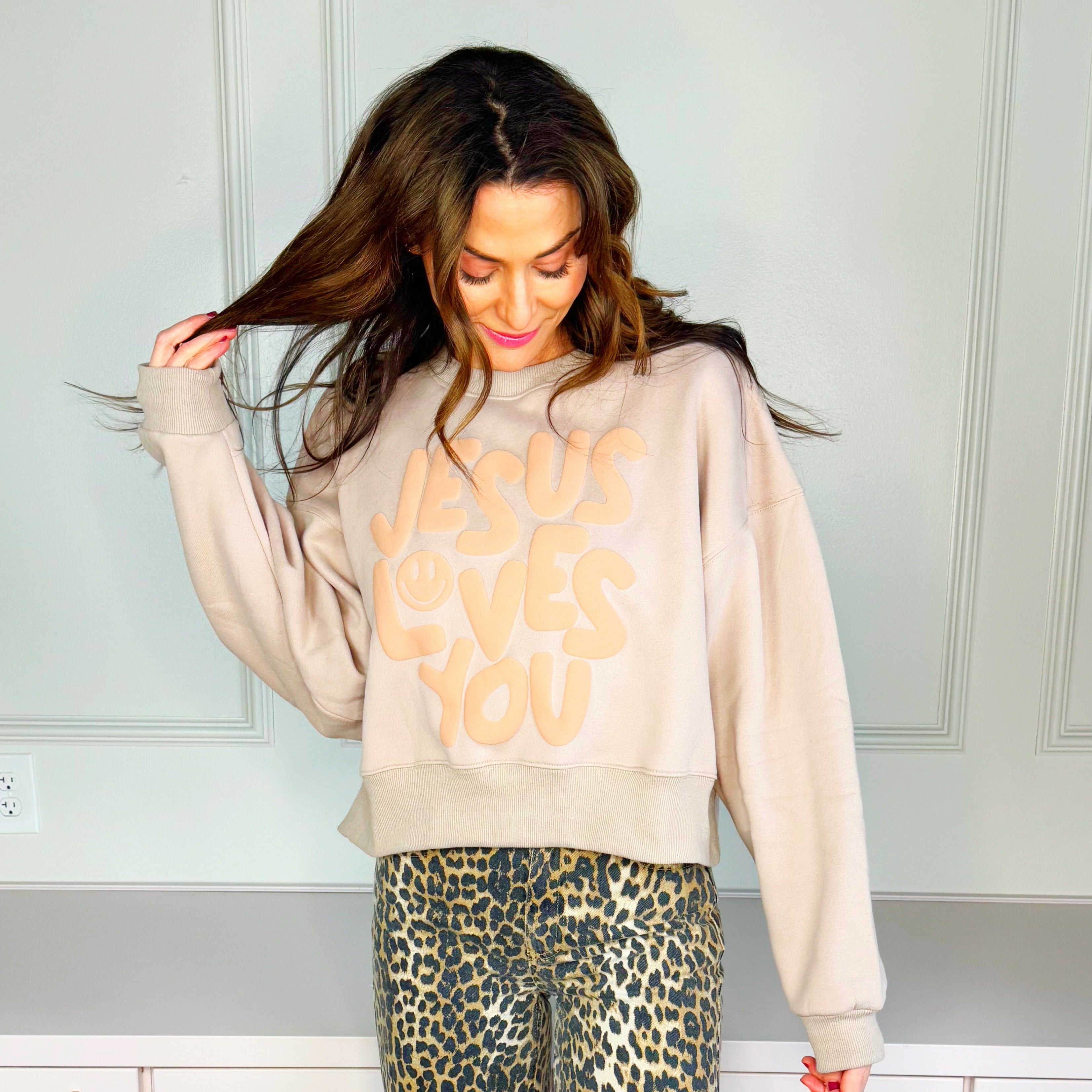 Smiley Jesus Loves You Puff Tan Crop Sweatshirt