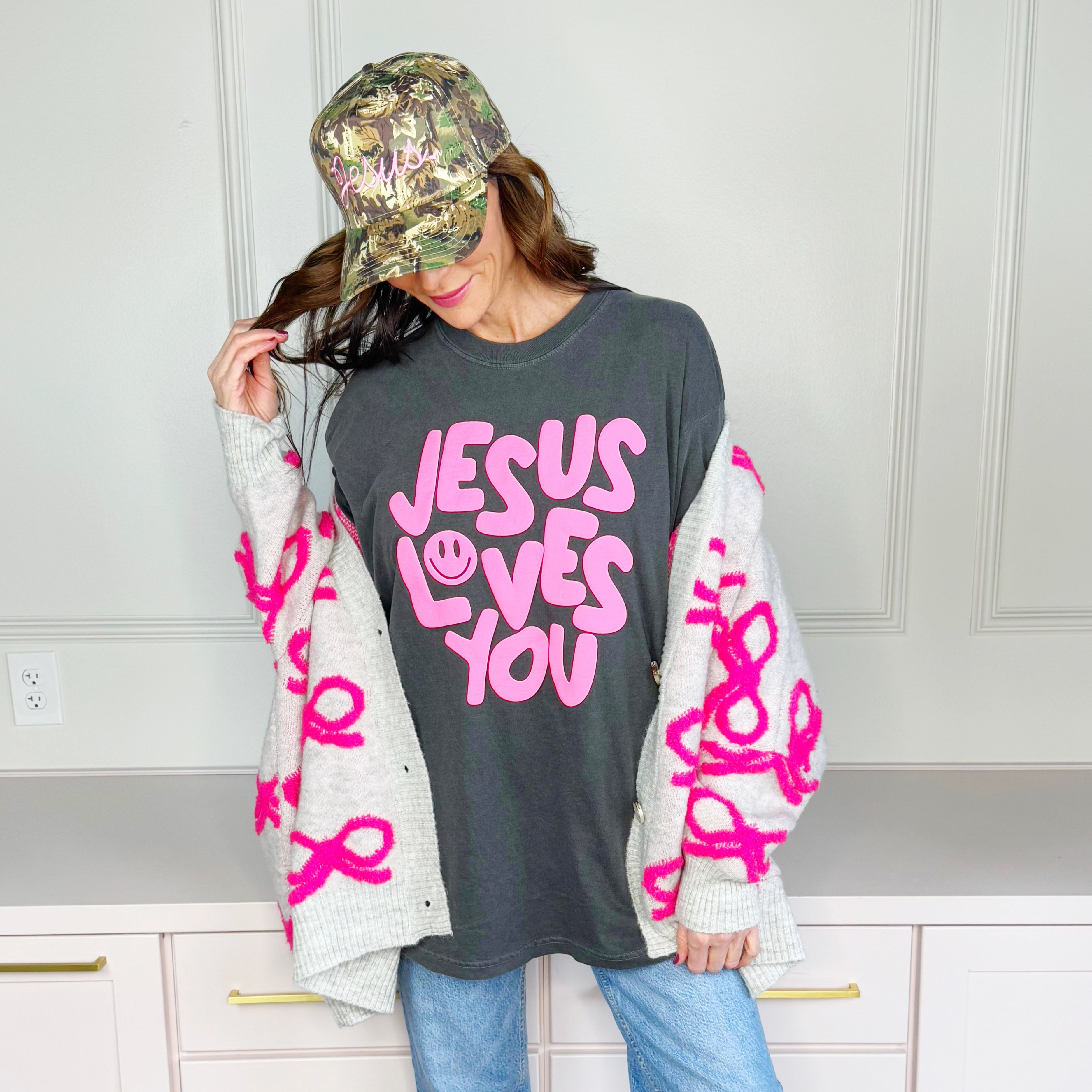 Smiley Jesus Loves You Puff Tee