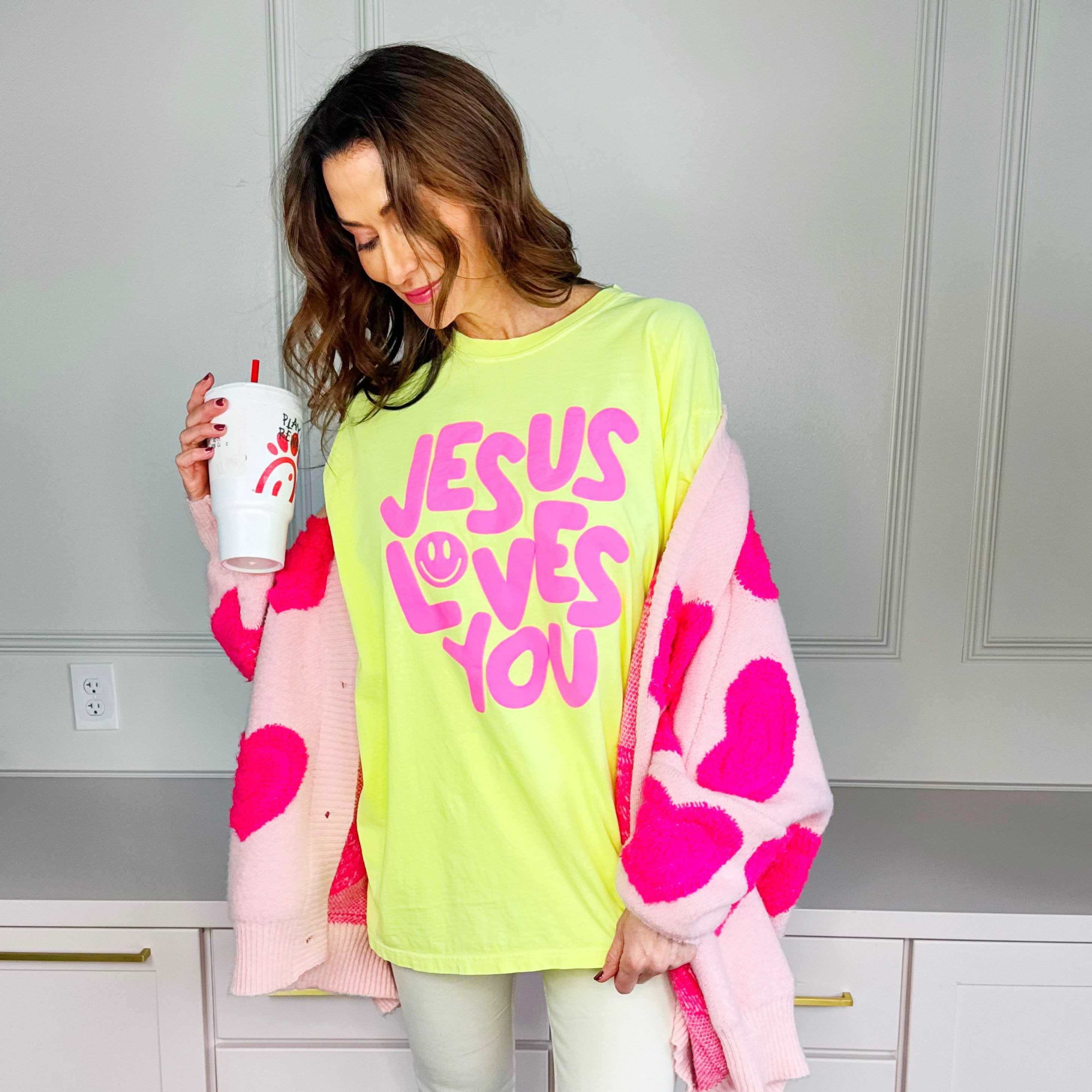 Smiley Jesus Loves You Puff Tee