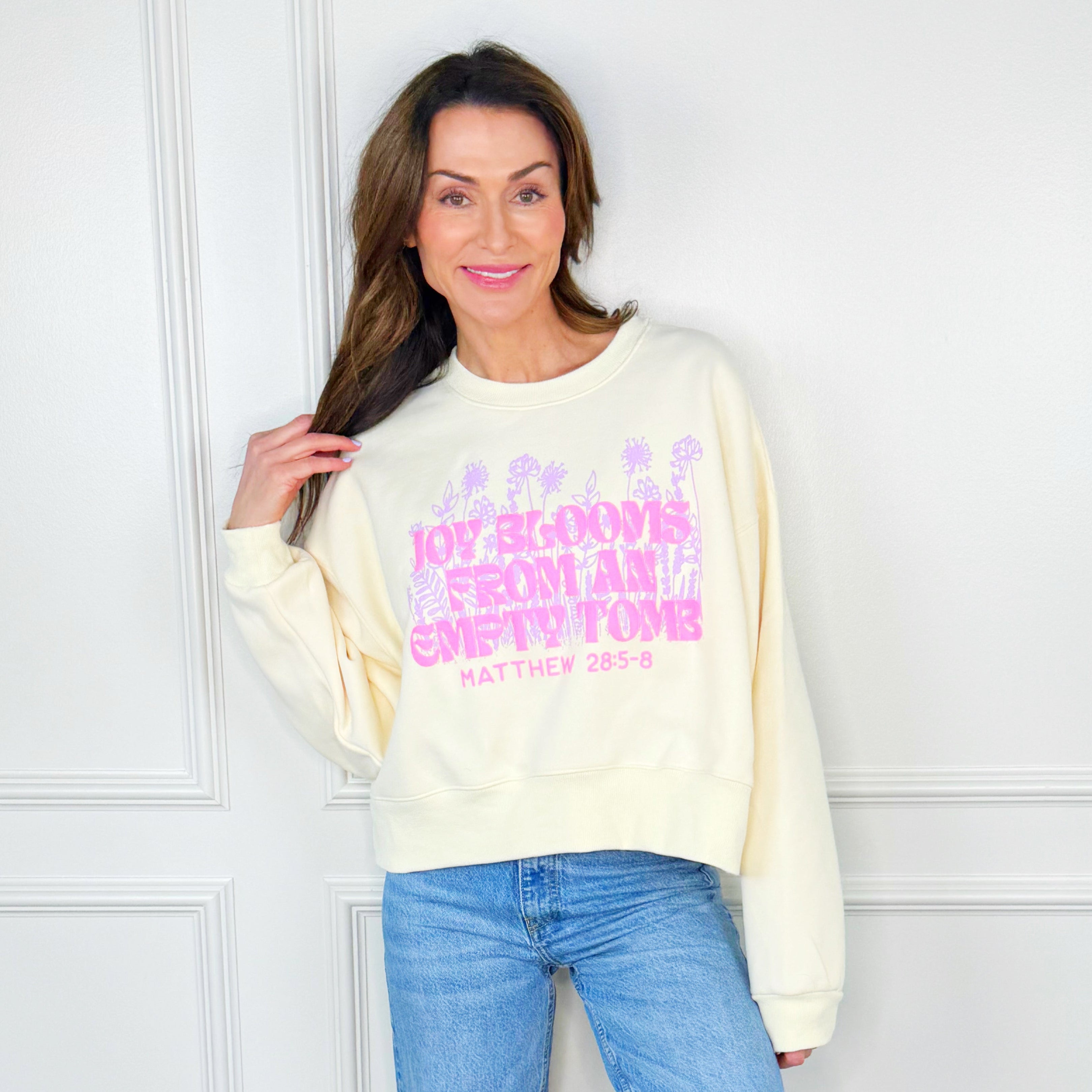 Joy Blooms From An Empty Tomb Crop Sweatshirt
