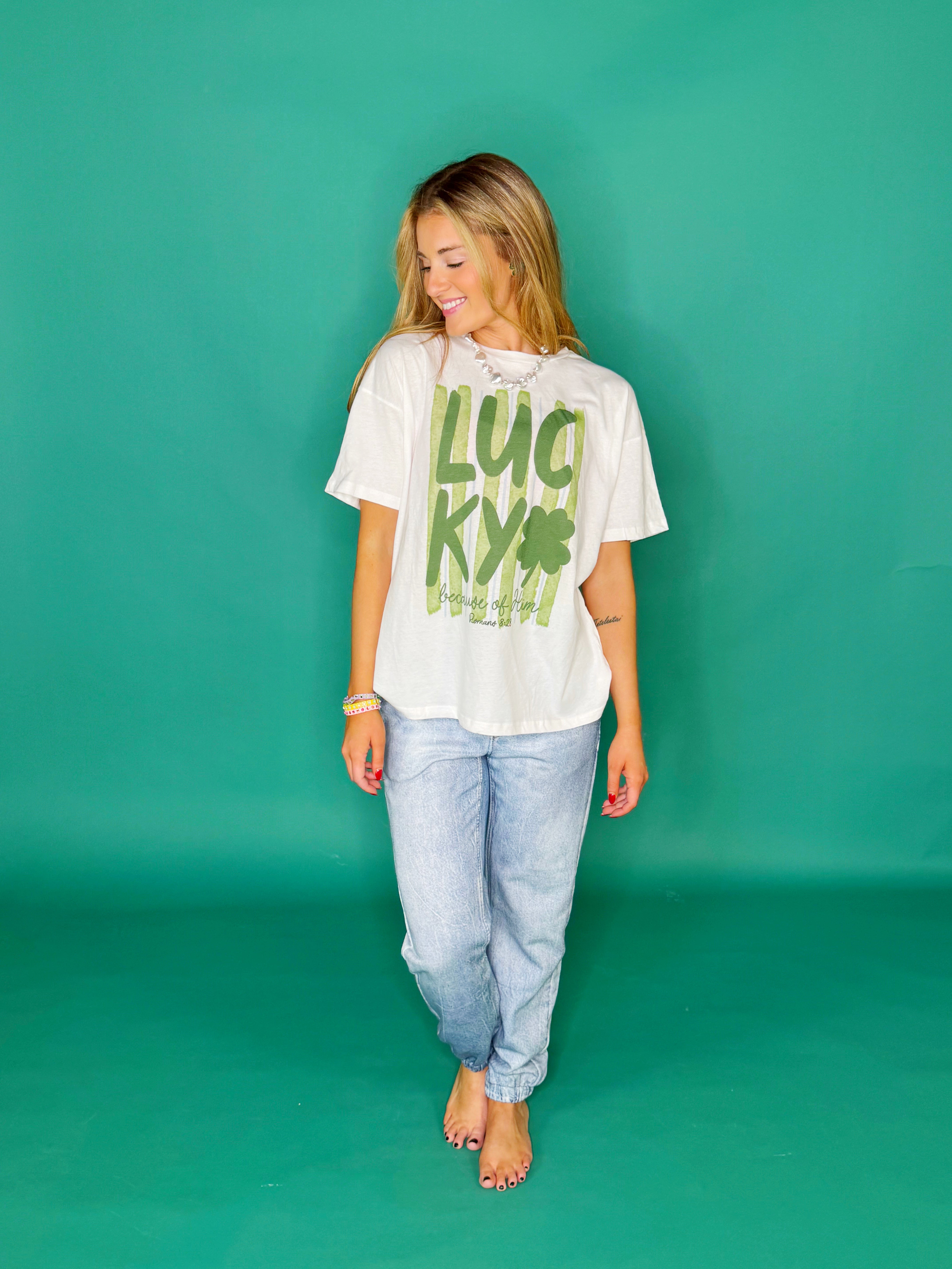 Lucky Because of Him Poppy & Pine Tee