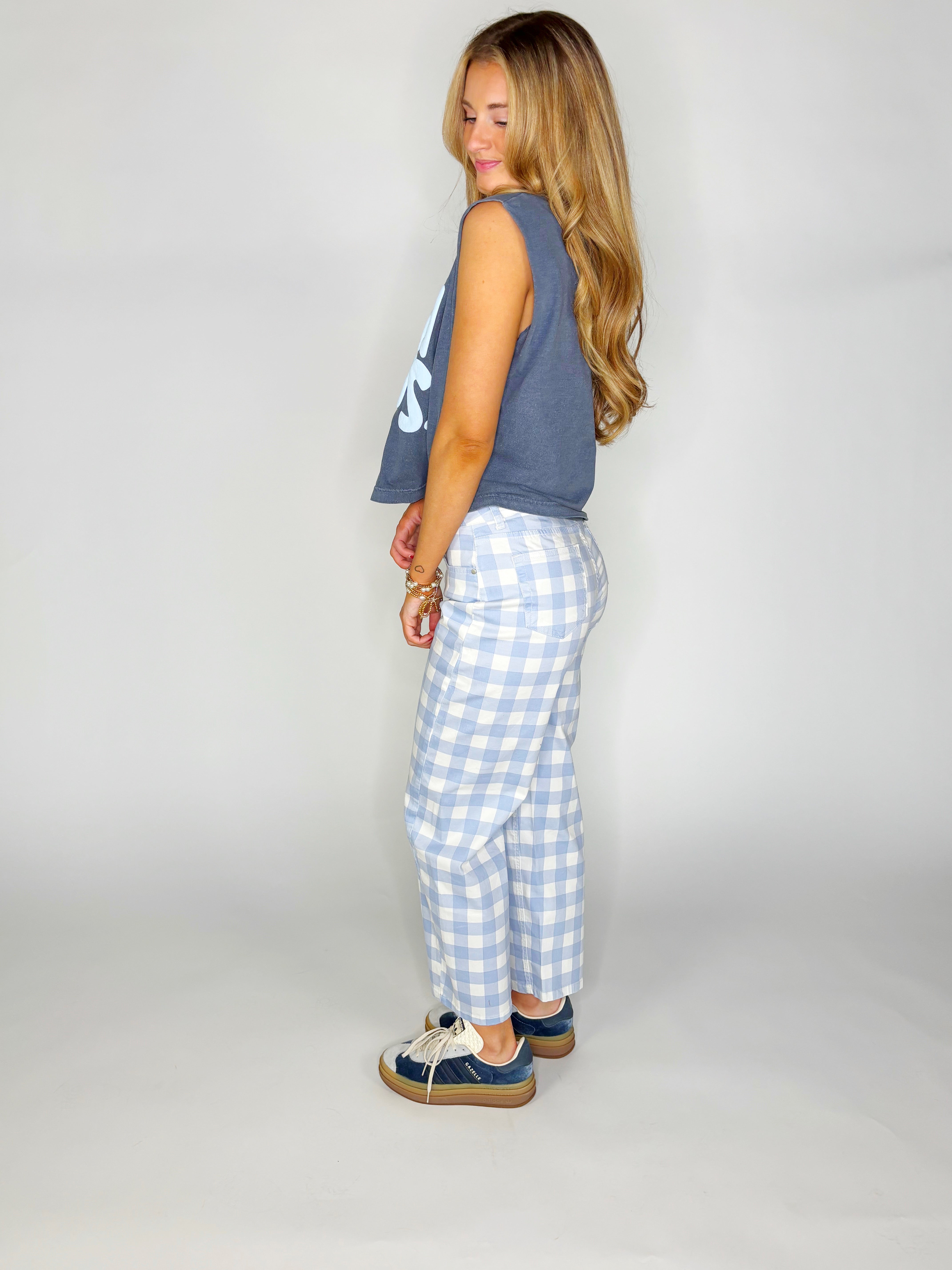 Blue Gingham Barrel Pants PRE ORDER