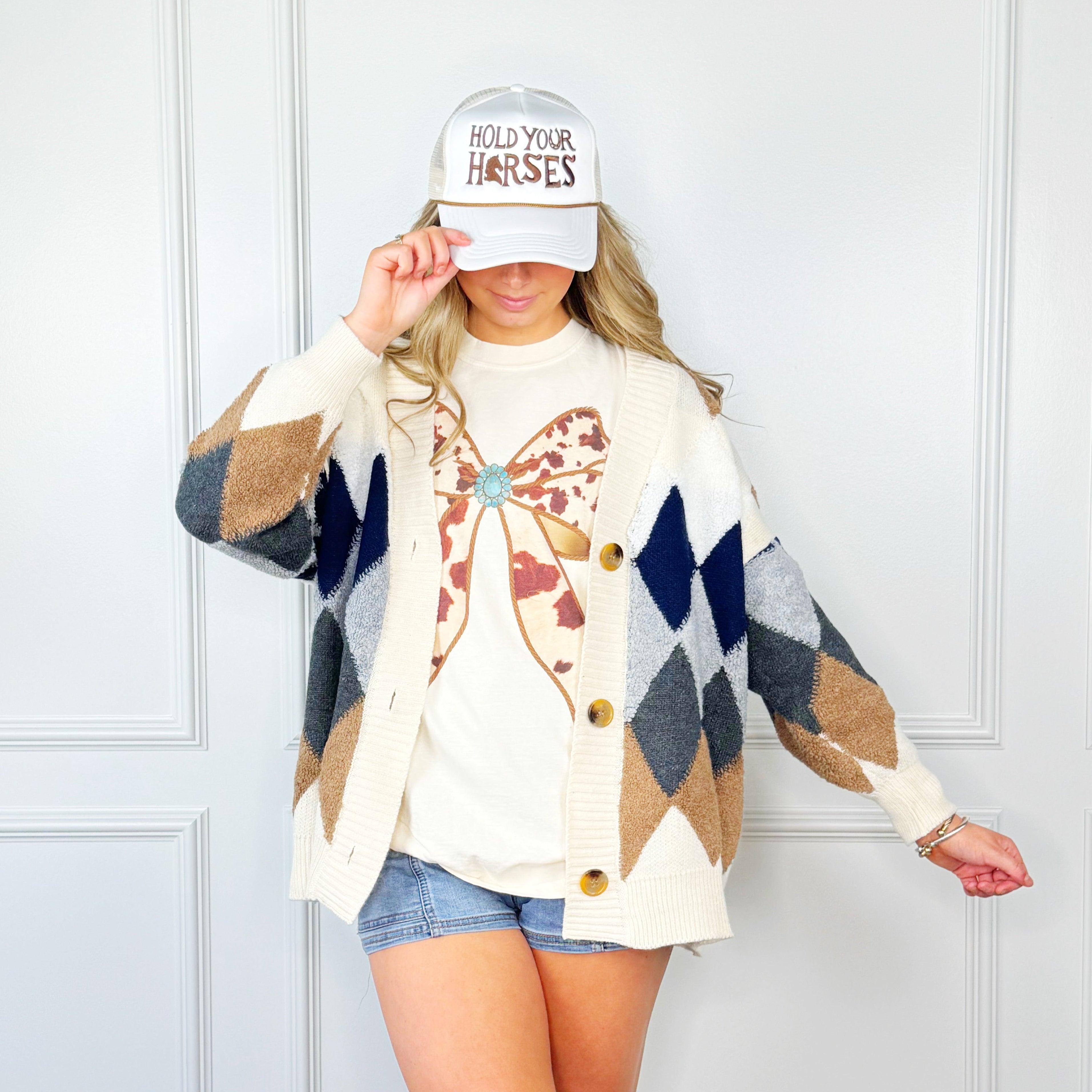 Tan And Blue Diamond Cardigan