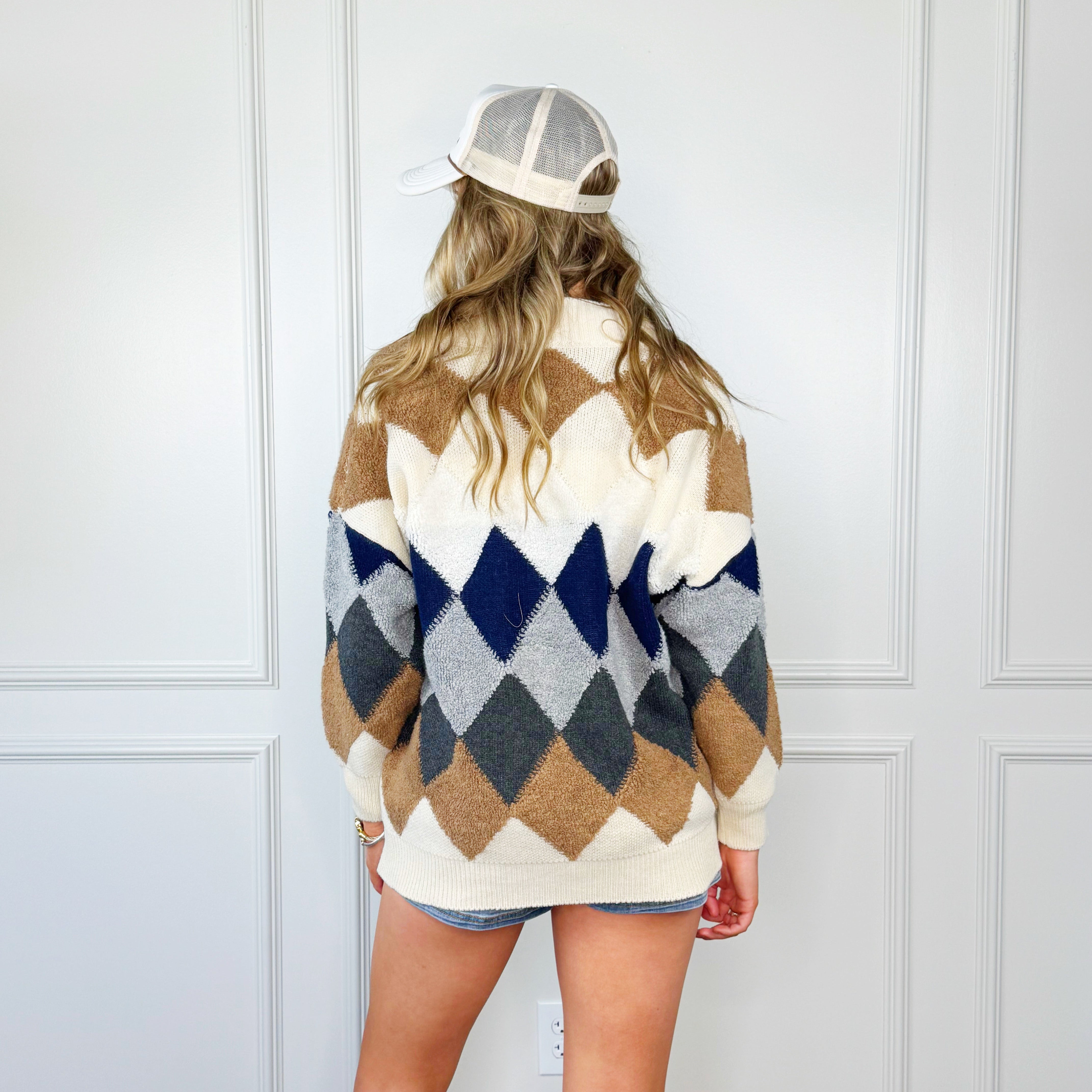 Tan And Blue Diamond Cardigan