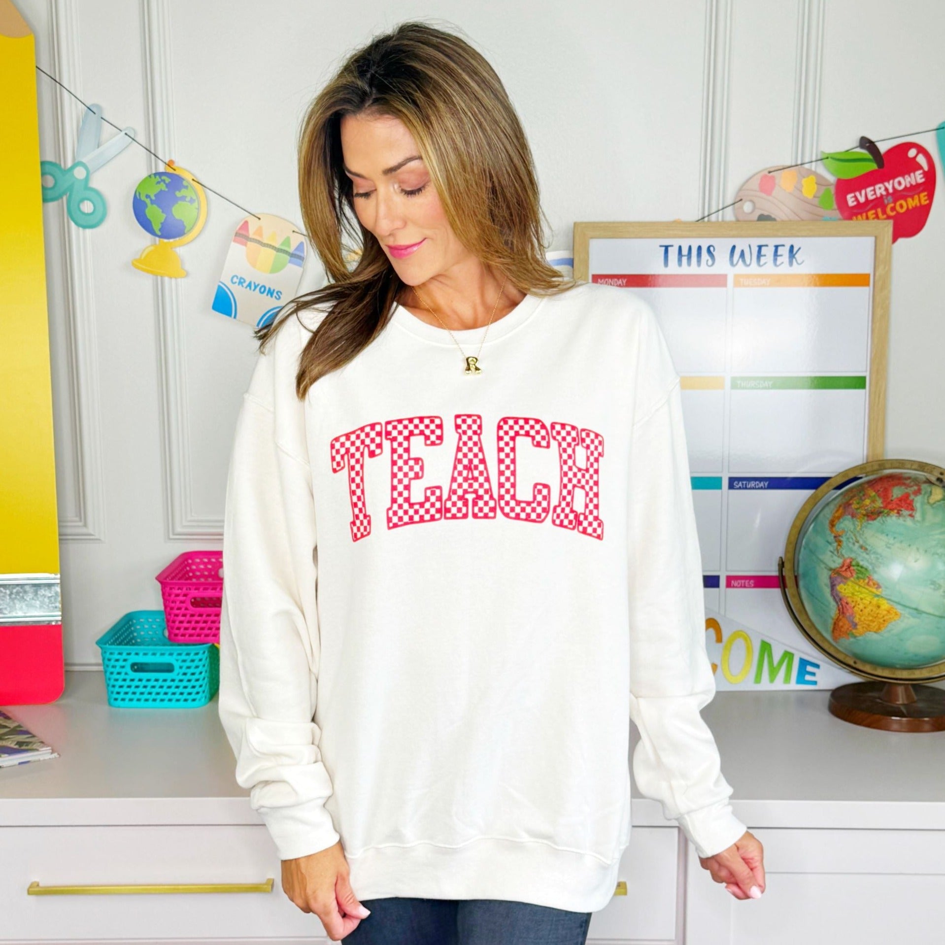 Teach Checker Print Sweatshirt