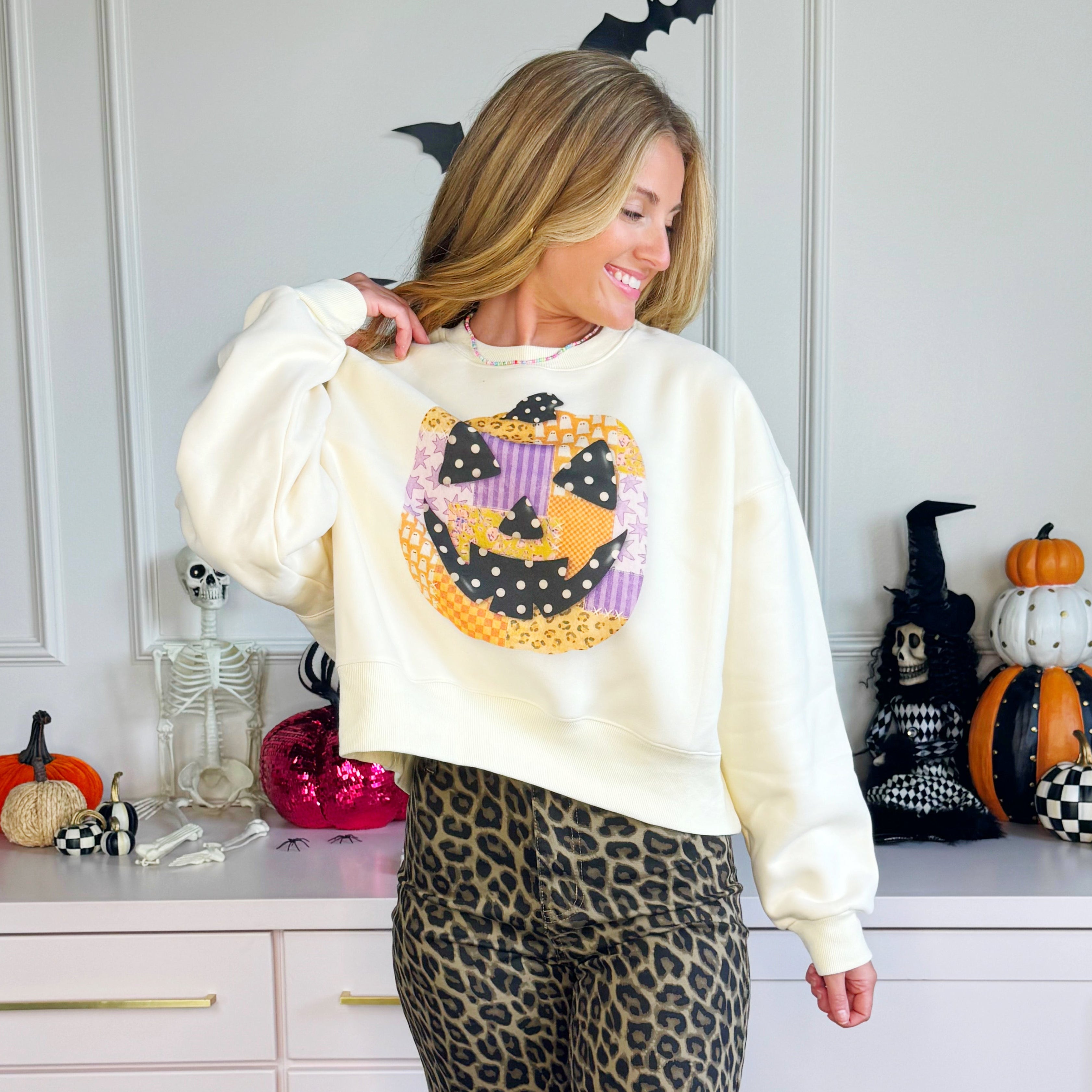 Patchwork Jack O Lantern Crop Sweatshirt-Pre Order!