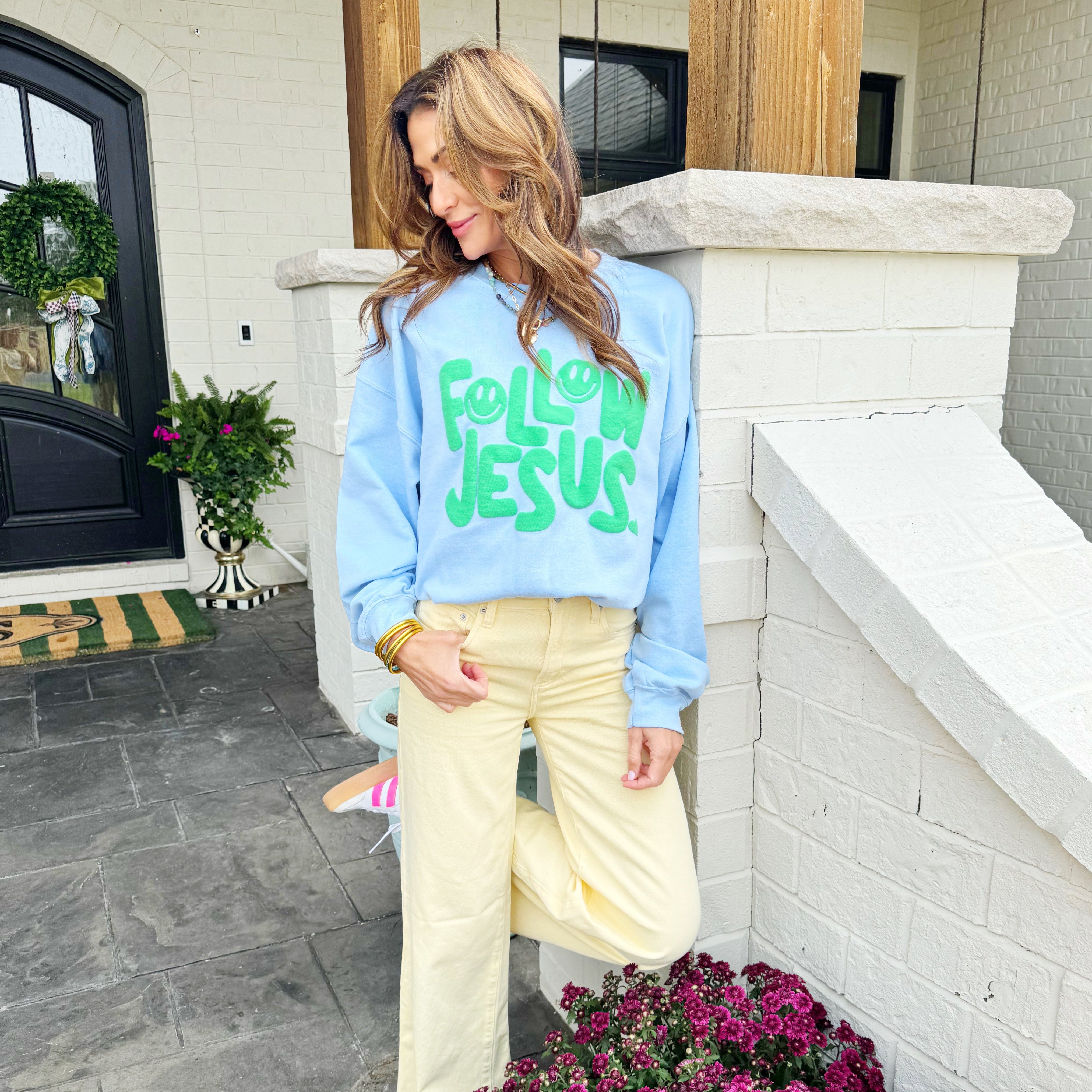 Smiley Follow Jesus Puff Sweatshirt