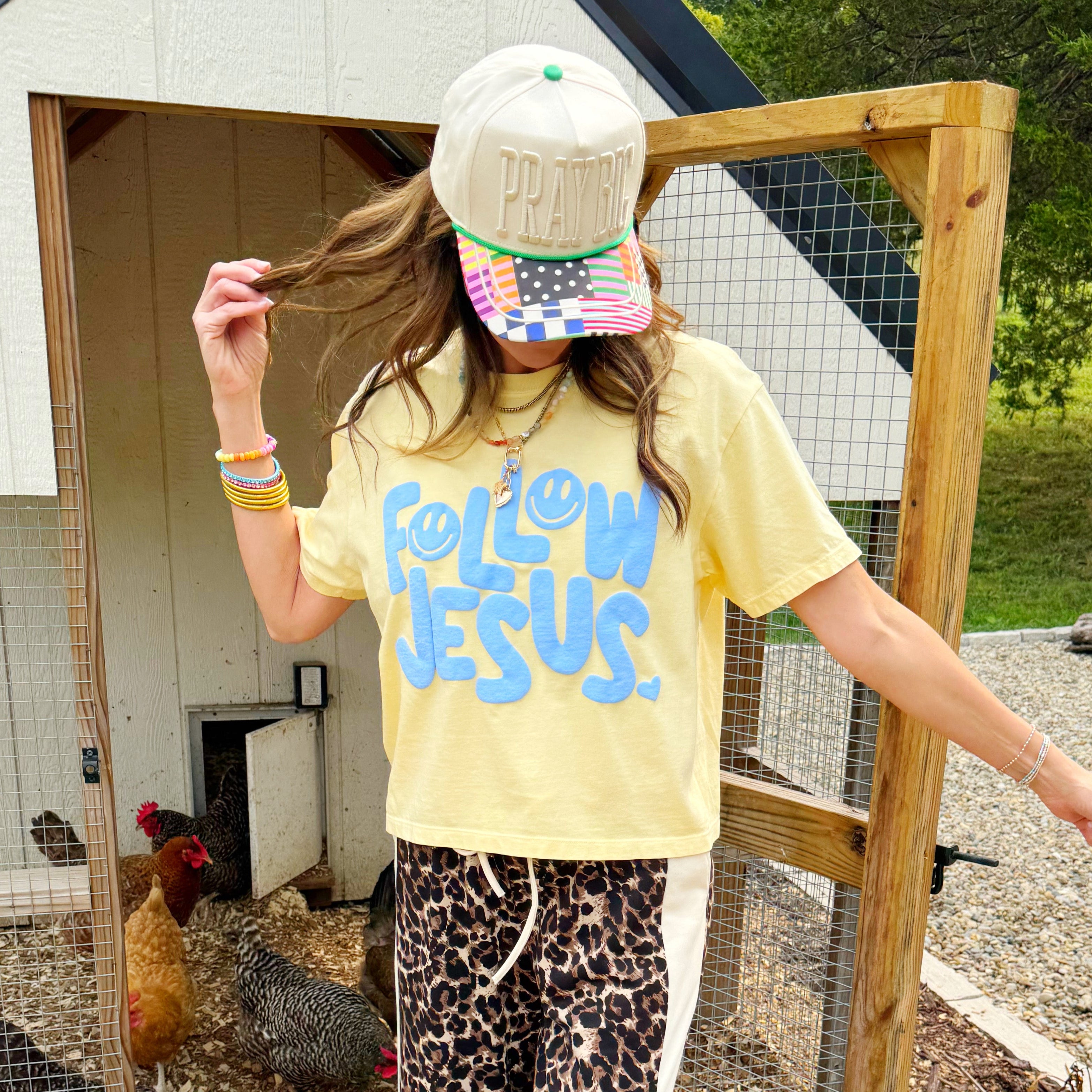 Smiley Follow Jesus Puff Crop Tee