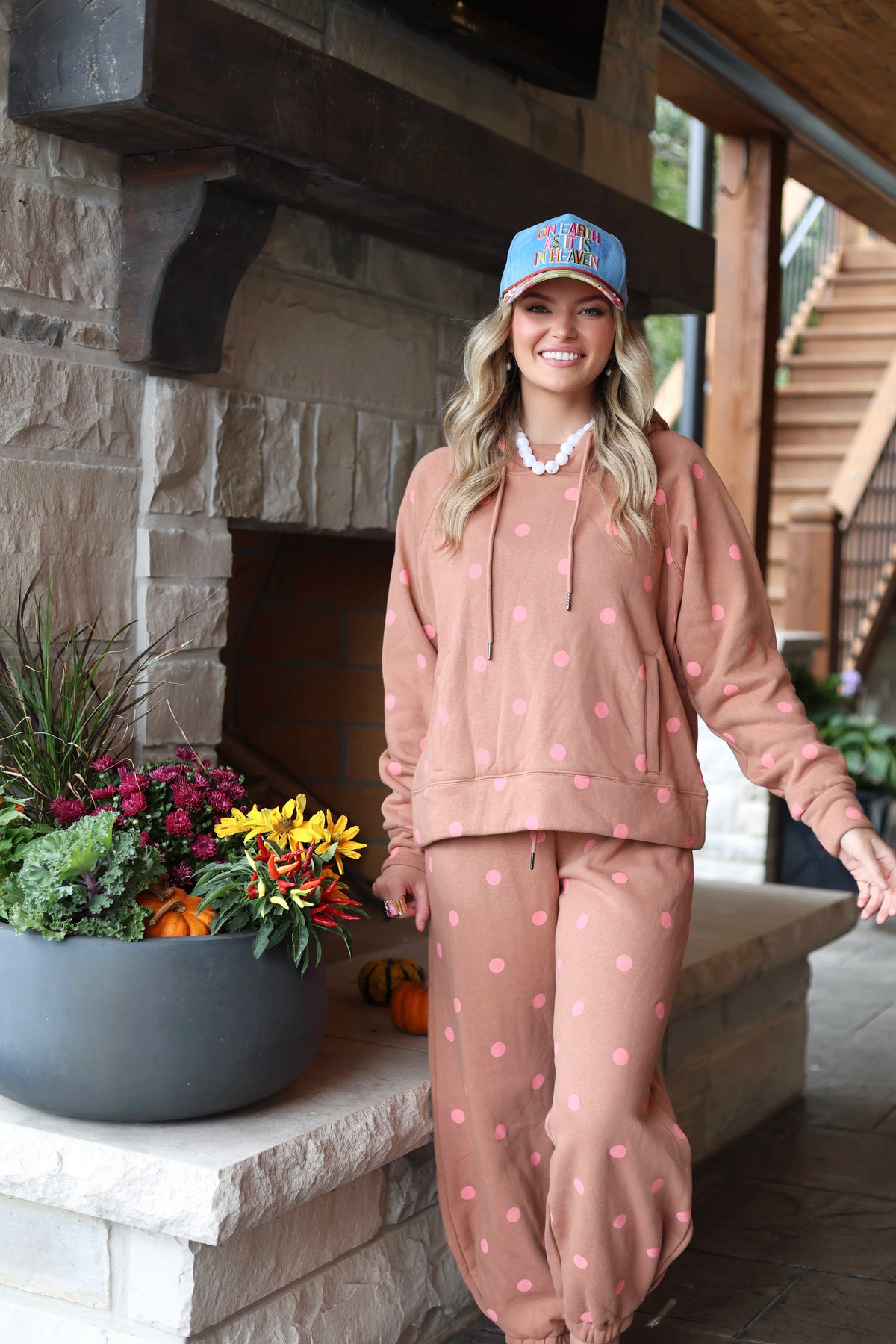 Brown Pink Polka Dot Sweatsuit Set - Hoodie & Sweatpants