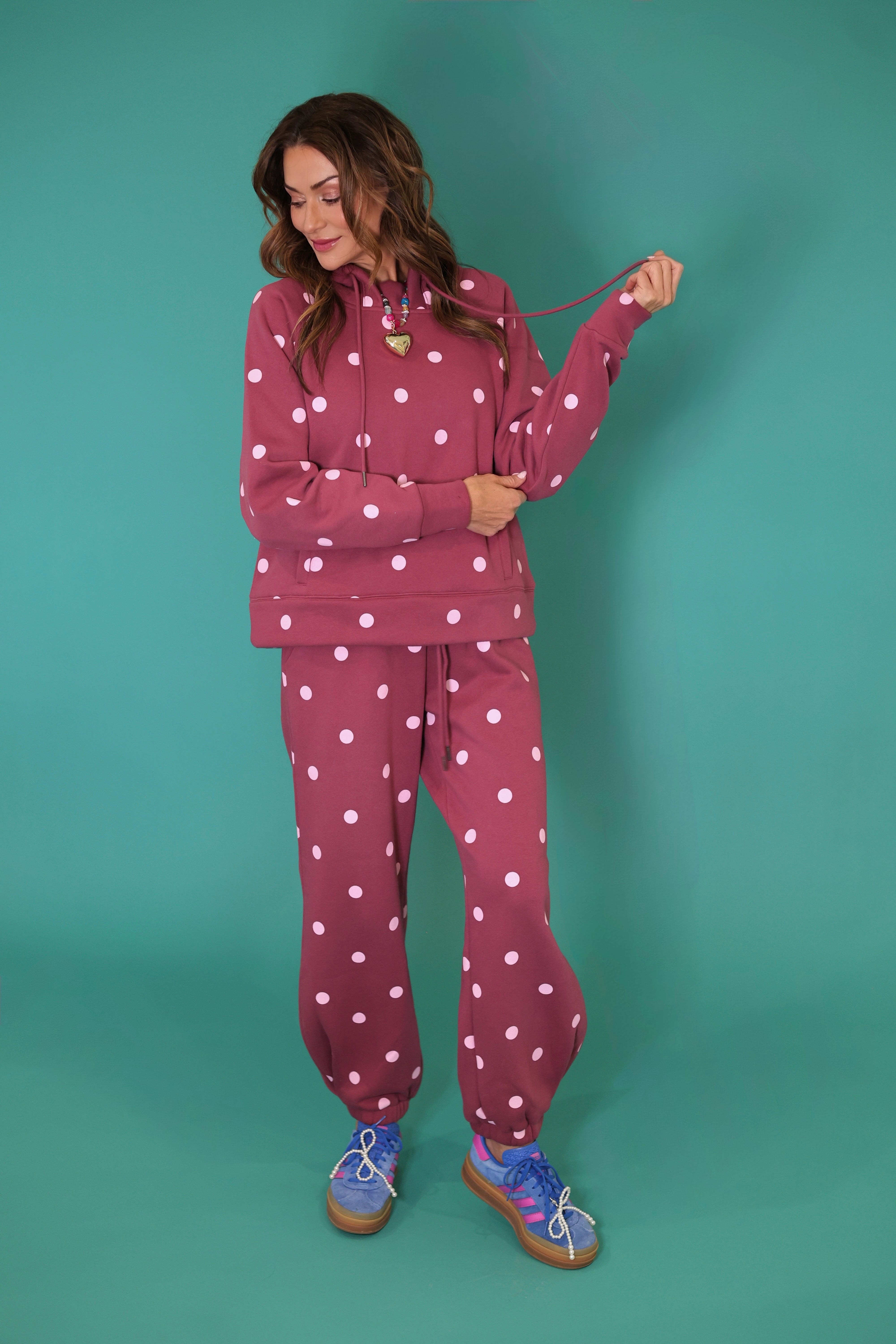 Maroon Pink Polka Dot Sweatsuit Set - Hoodie & Sweatpants- Pre Order