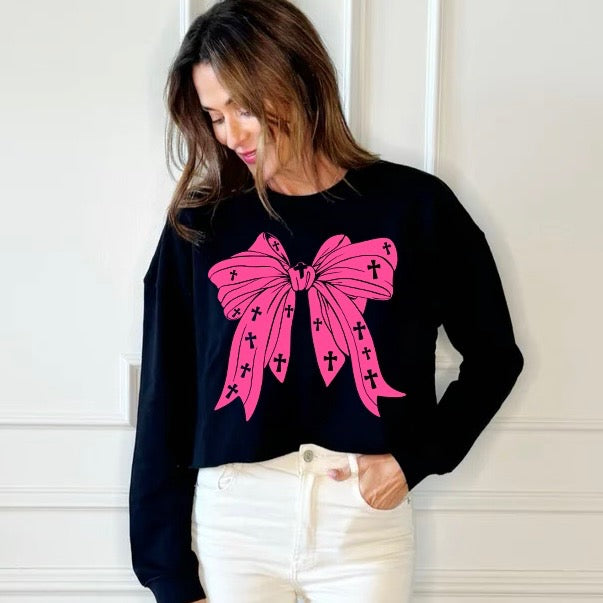 Faith Pink Bow Cropped Sweatshirt